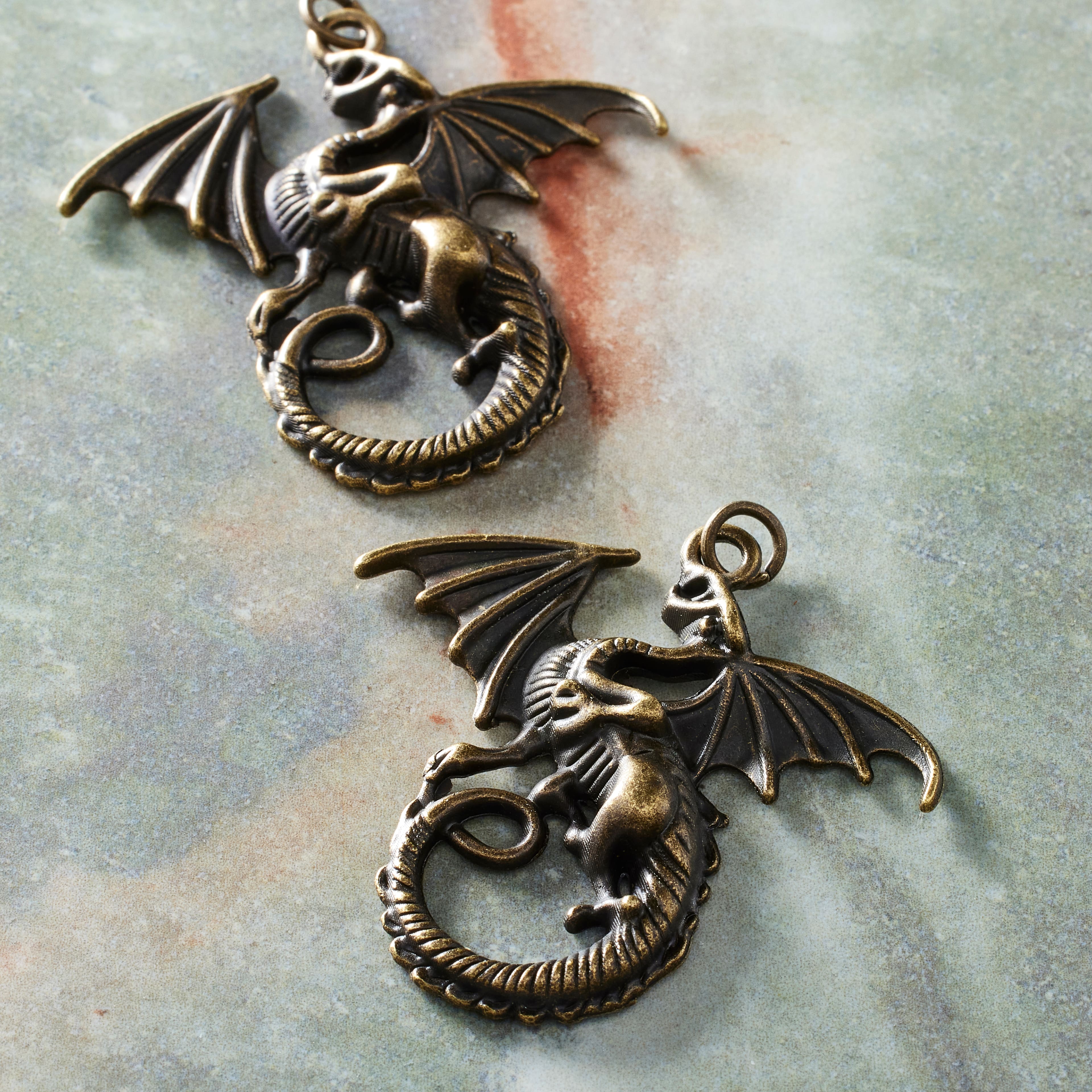 Pewter Dragon Charm Antiqued Brass Flying Dragon Pendant Dragon