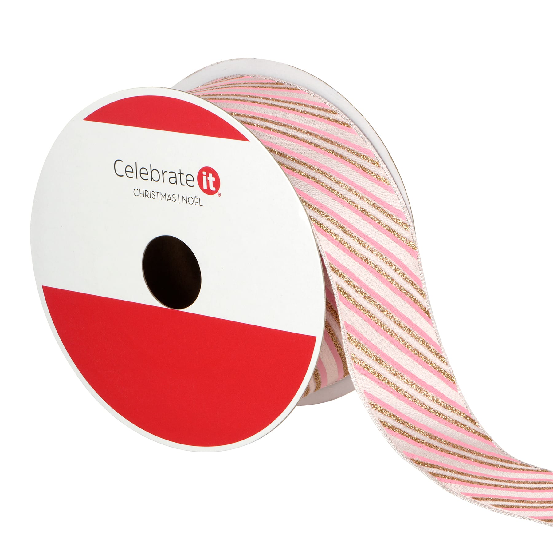 1.5&#x22; x 30ft. Blush &#x26; Gold Diagonal Stripes Wired Ribbon by Celebrate It&#xAE;