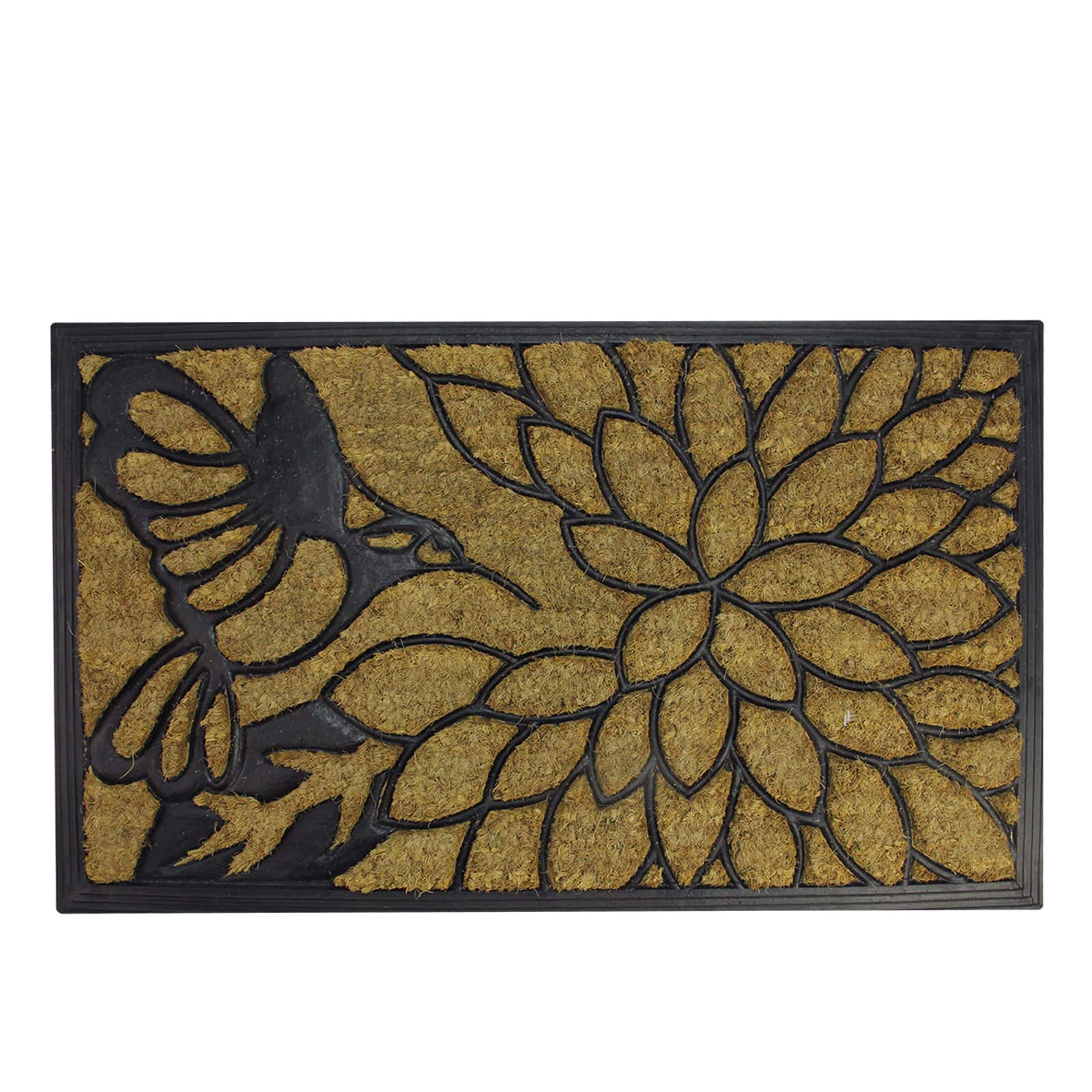 Hummingbird Design Black Rubber &#x26; Coir Outdoor Rectangular Doormat, 29.75&#x22; x 17.75&#x22;