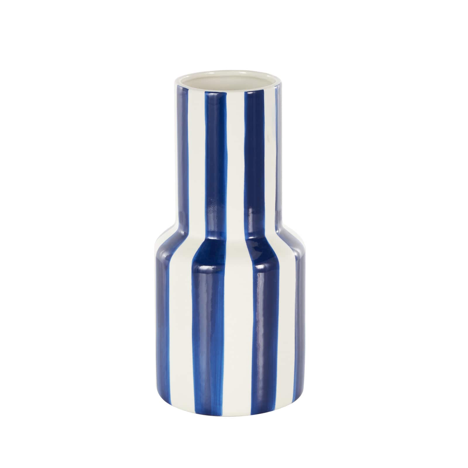 11" White & Blue Stripes Round Decorative Ceramic Vase