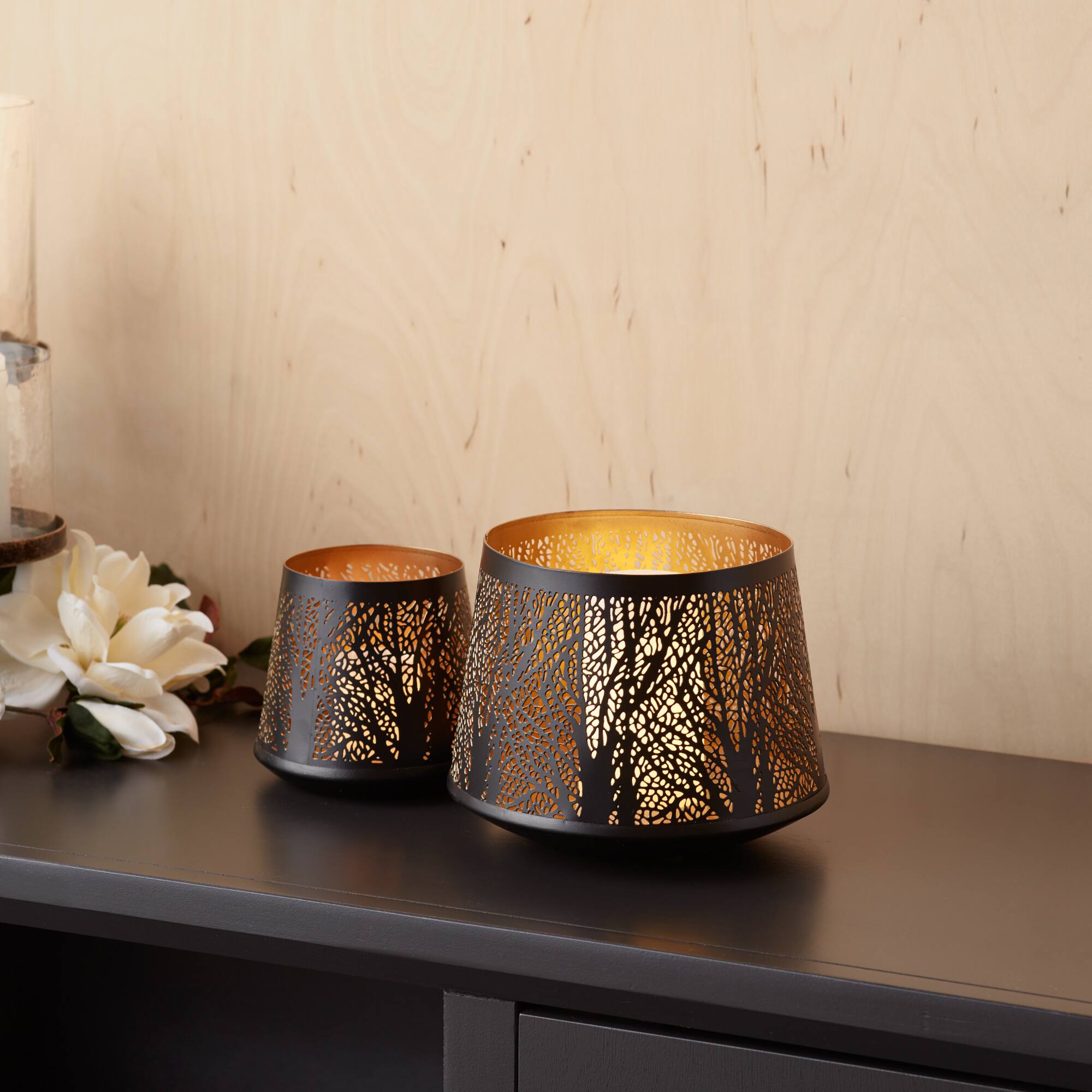 Black Tapered Punched Metal Candle Holder Set, 5&#x22; &#x26; 6&#x22;