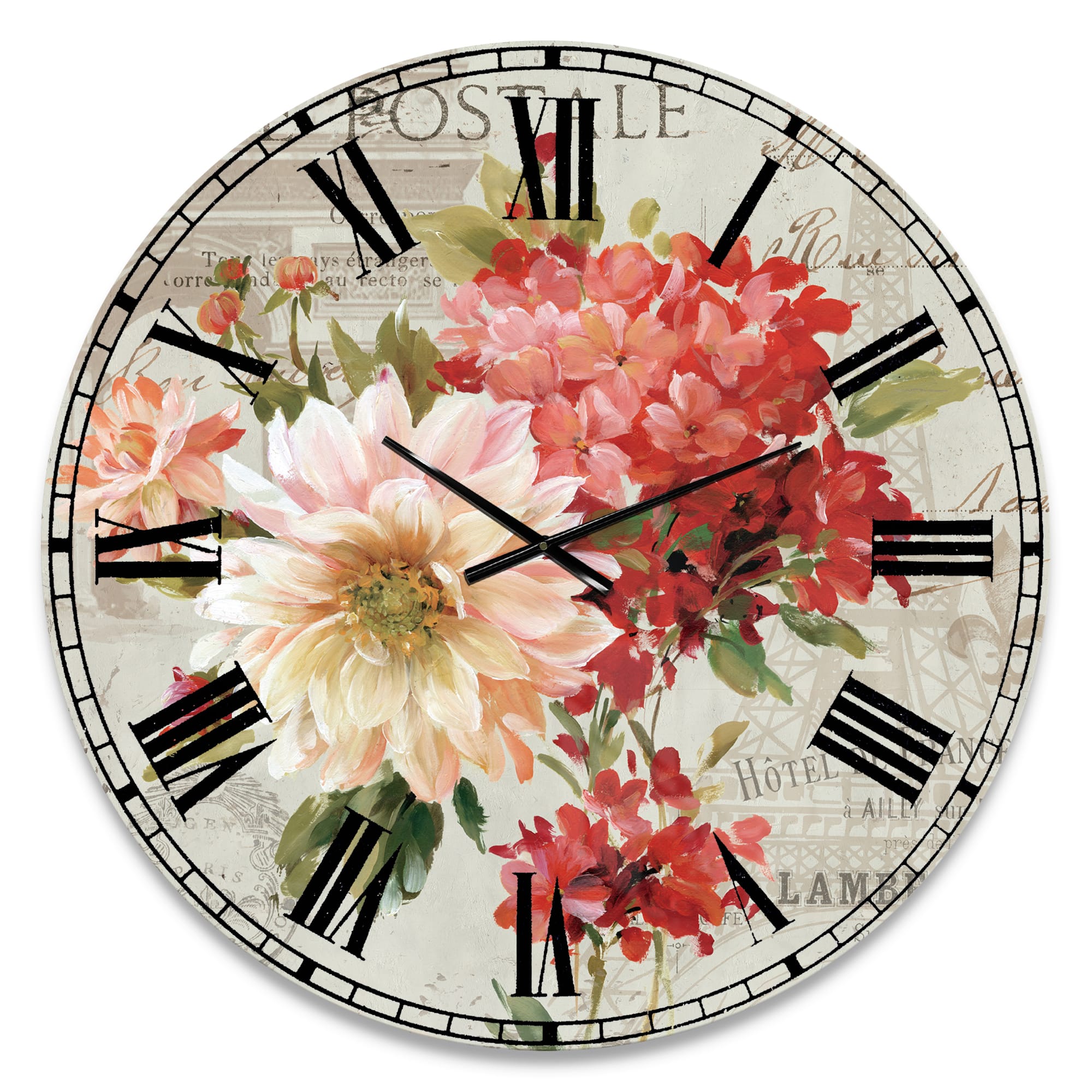 Designart &#x27;Red Painted Flowers On Vintage Postcard I Traditional Wall Clock