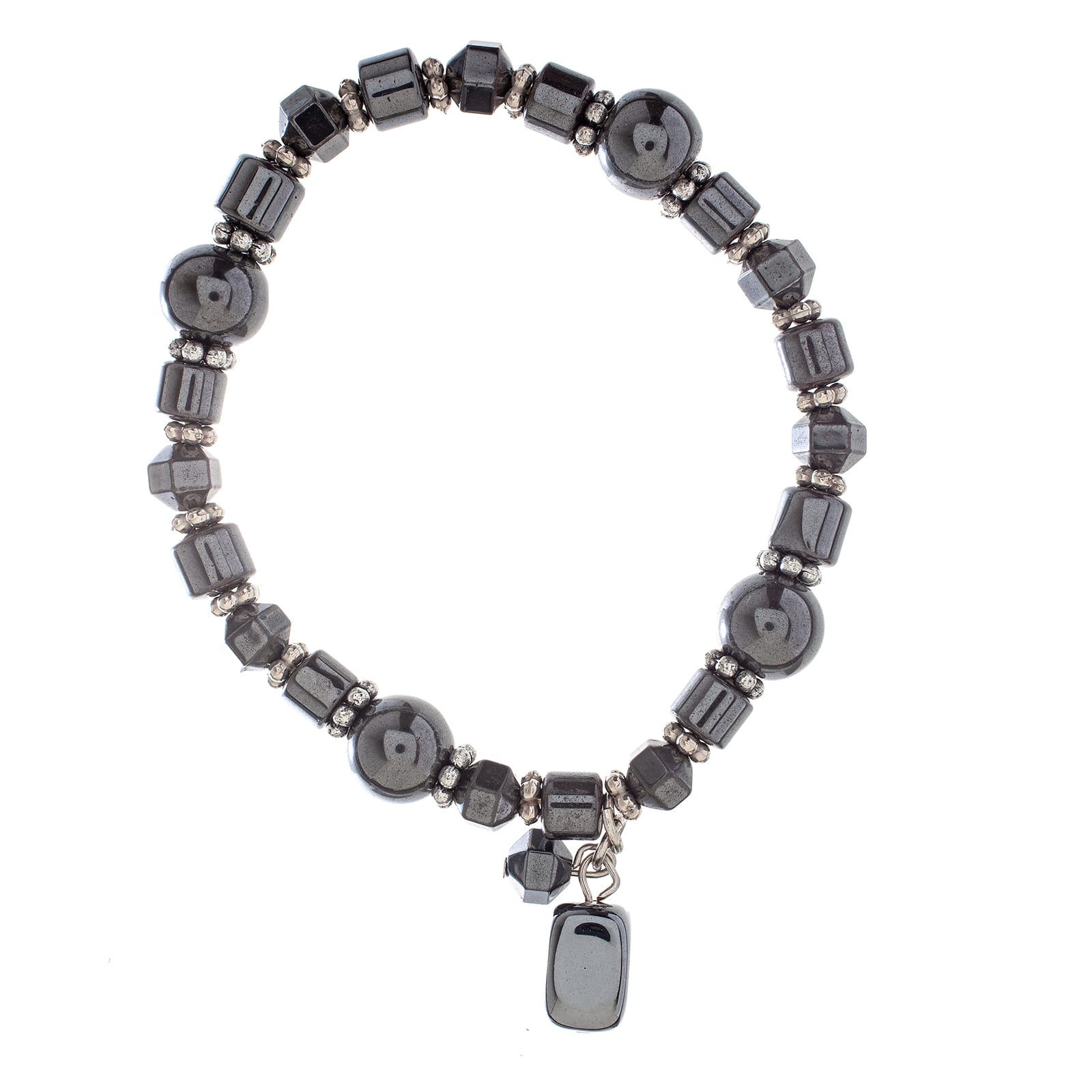 John Bead Hematite Gray Natural Stone Bracelet with Rectangle Charm