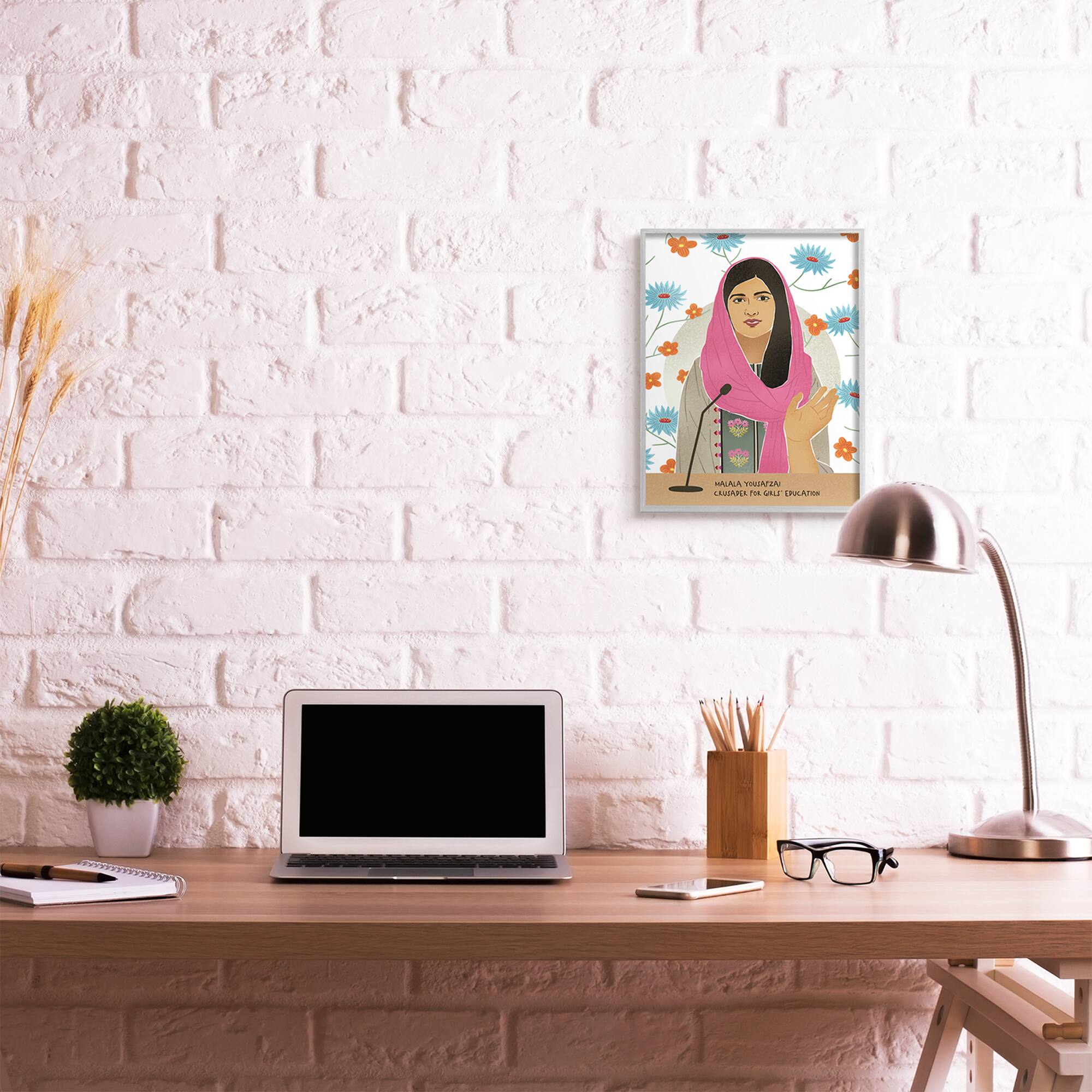 Stupell Industries Malala Yousafzai Speech Over Blue &#x26; Orange Flowers Wall Art in Gray Frame