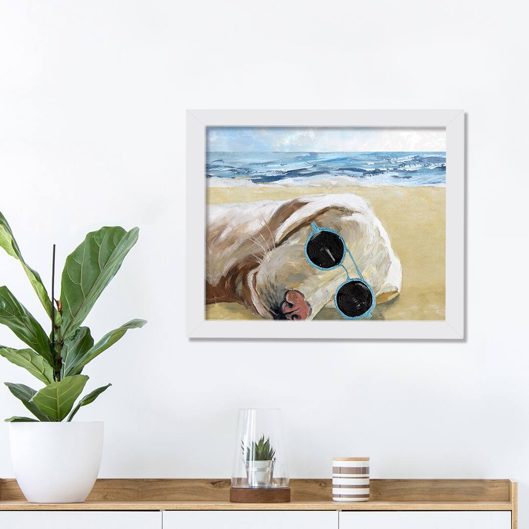 Sleepy Sunglasses Beach Dog 1 11" x 14" White Framed Print Under Plexiglass