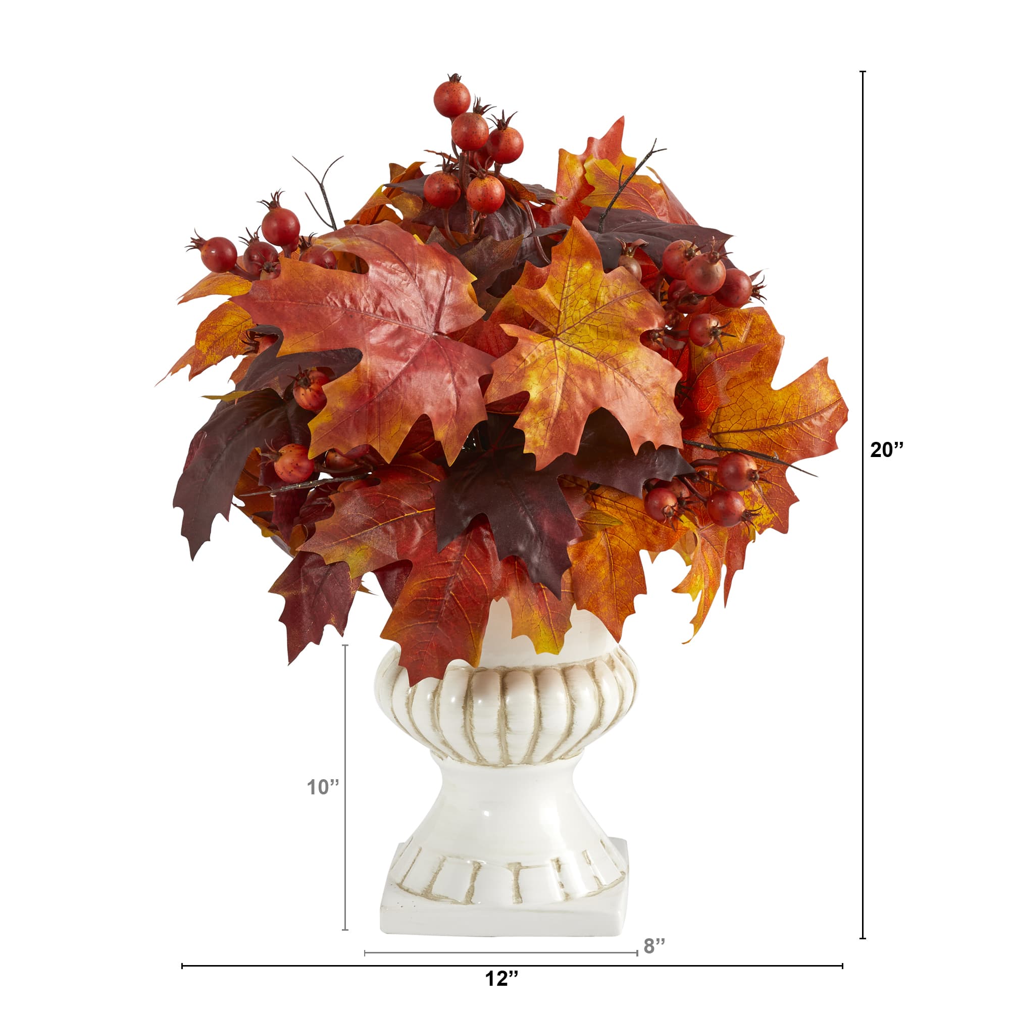 20&#x22; Autumn Maple Leaf &#x26; Berries Plant in White Urn