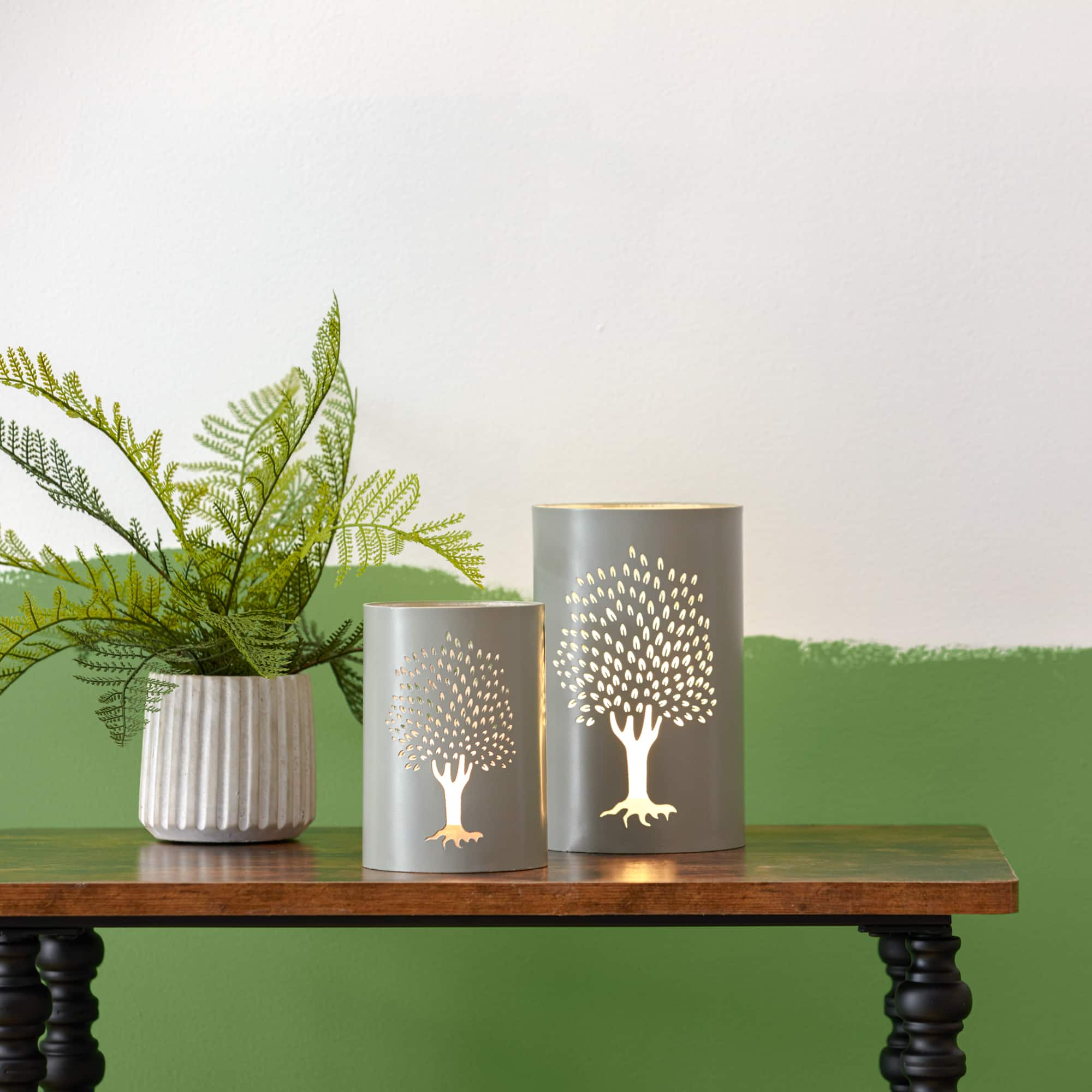 Gray Punched Tree Metal Candle Holder Set