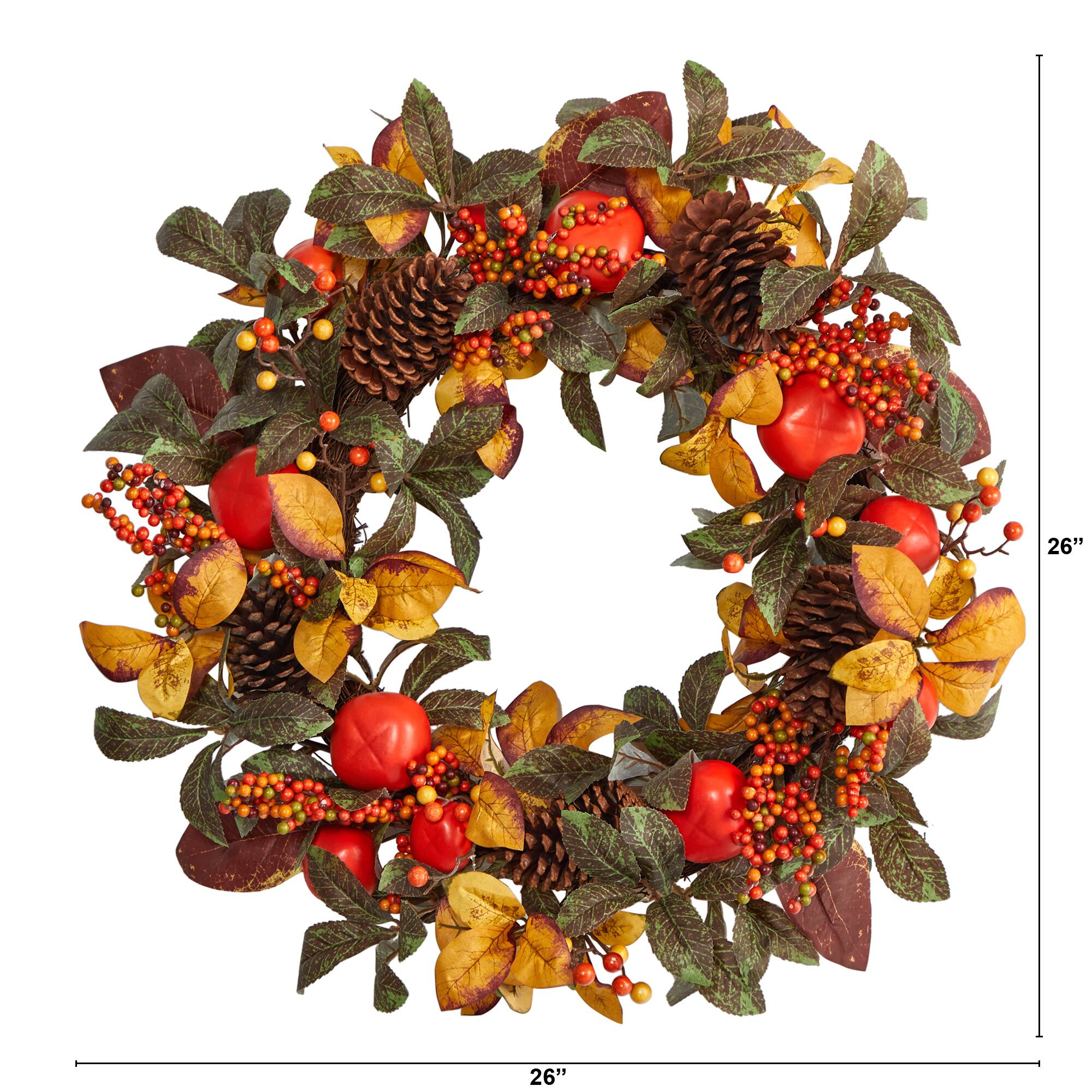 26" Autumn Persimmon & Pinecones Fall Wreath