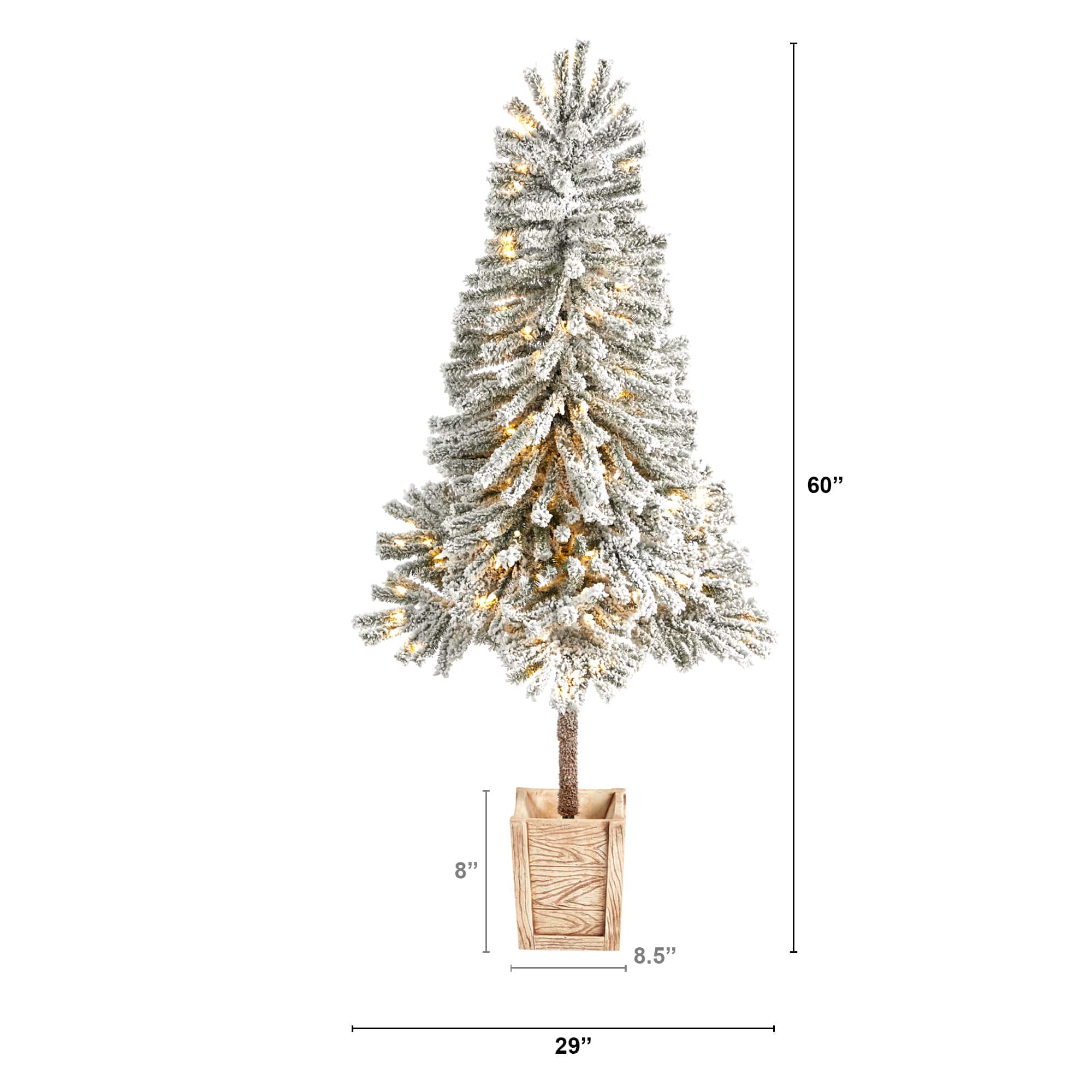 5ft. Pre-Lit Winter Flocked Leaning Artificial Christmas Tree in Decorative Planter, White LED Lights