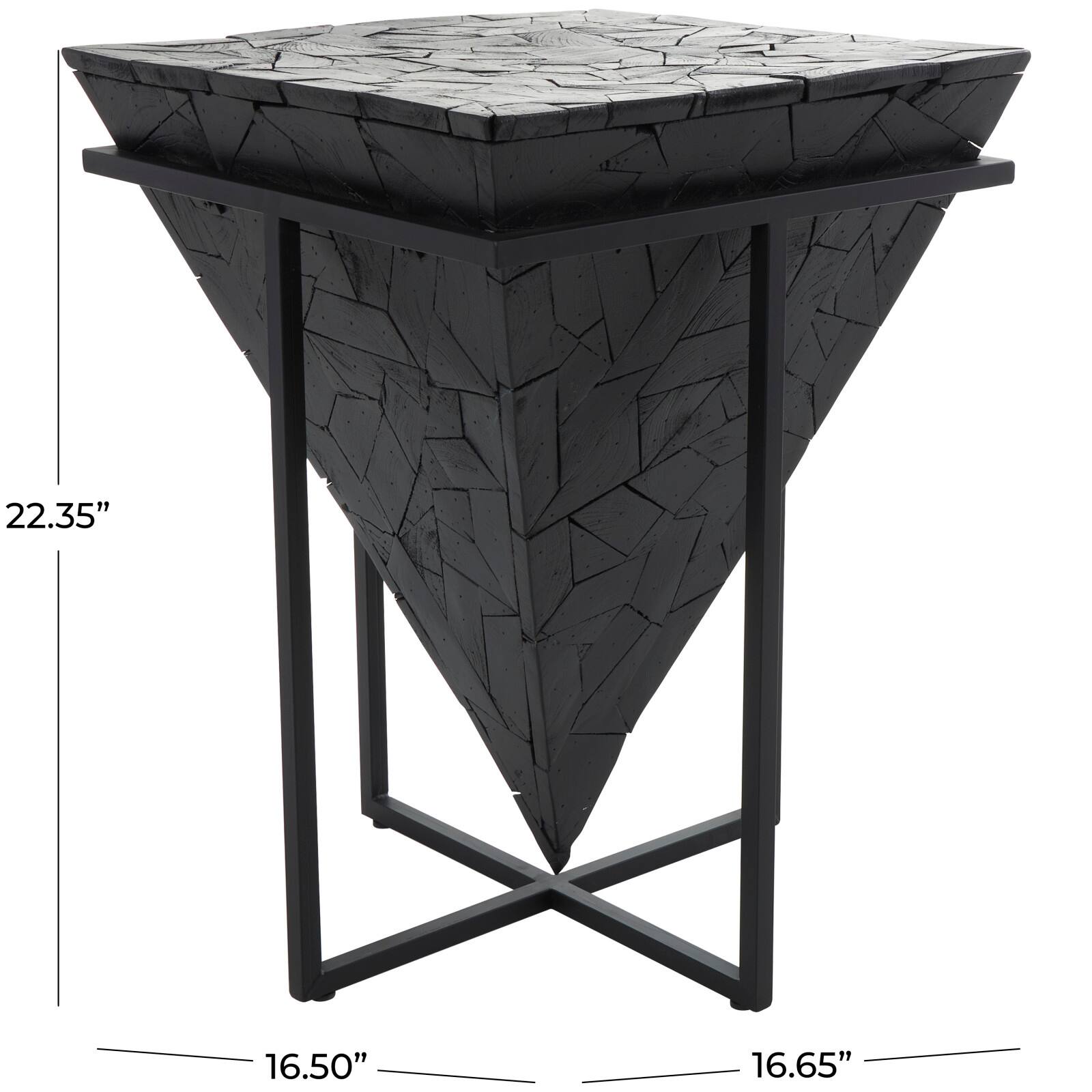 22" Black Teak Wood Geometric Handmade Inverted Pyramid Accent Table with Black Metal Base