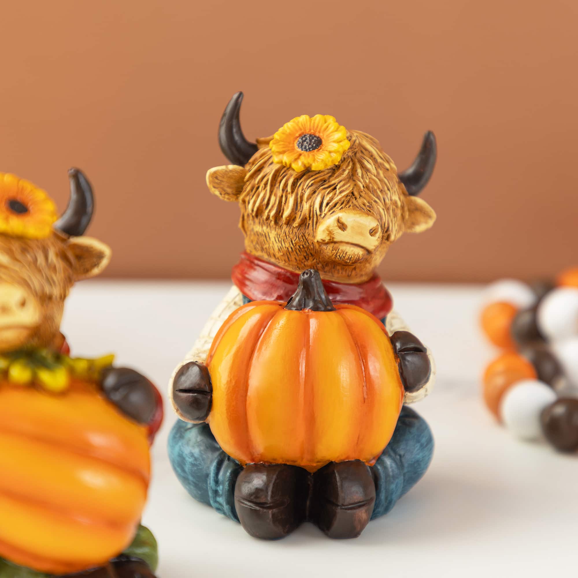 Glitzhome® 4.25" Fall Resin Highland Cow Table Decor Set