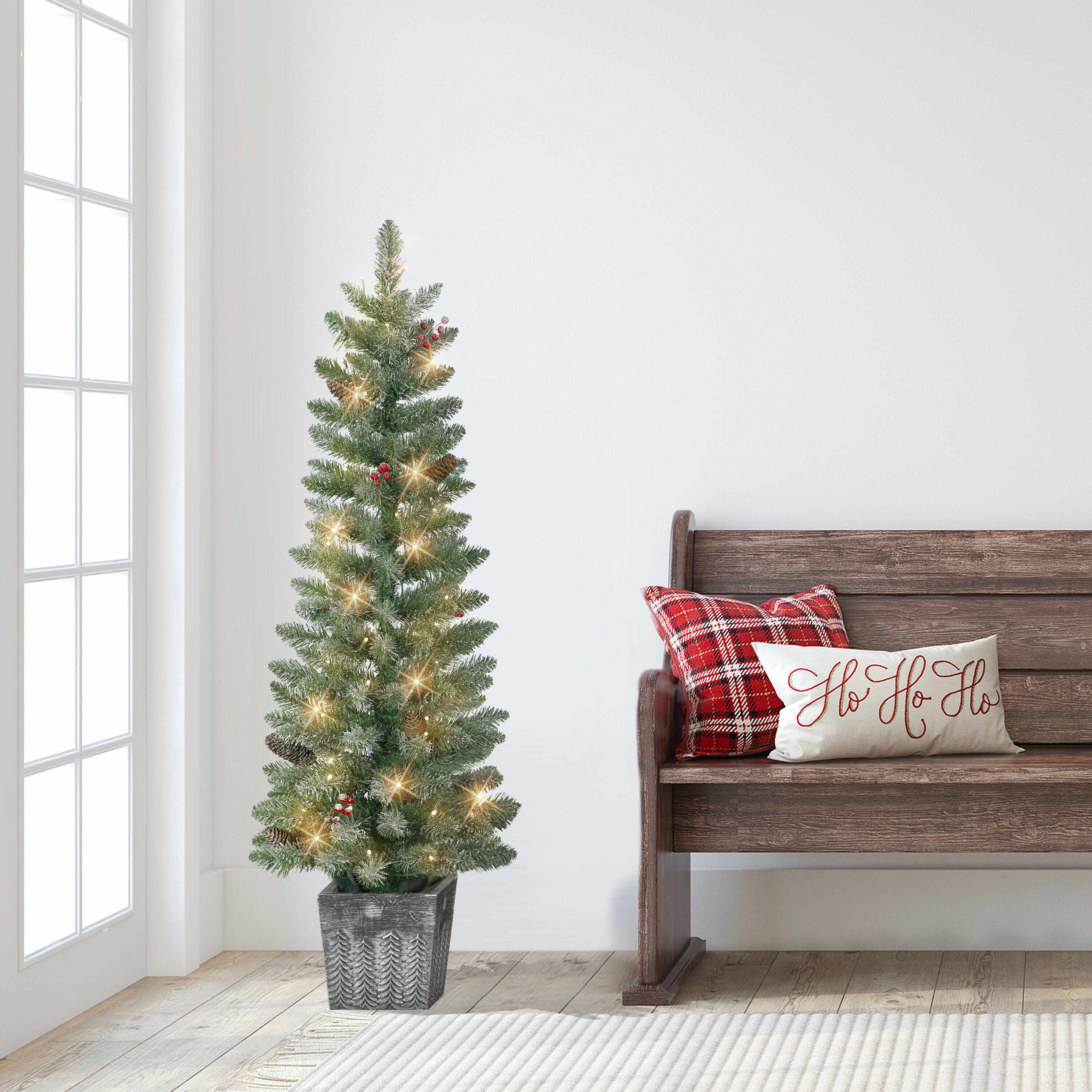 4ft. Pre-Lit Flocked Potted Trees with Battery-Operated Timer, 2ct.