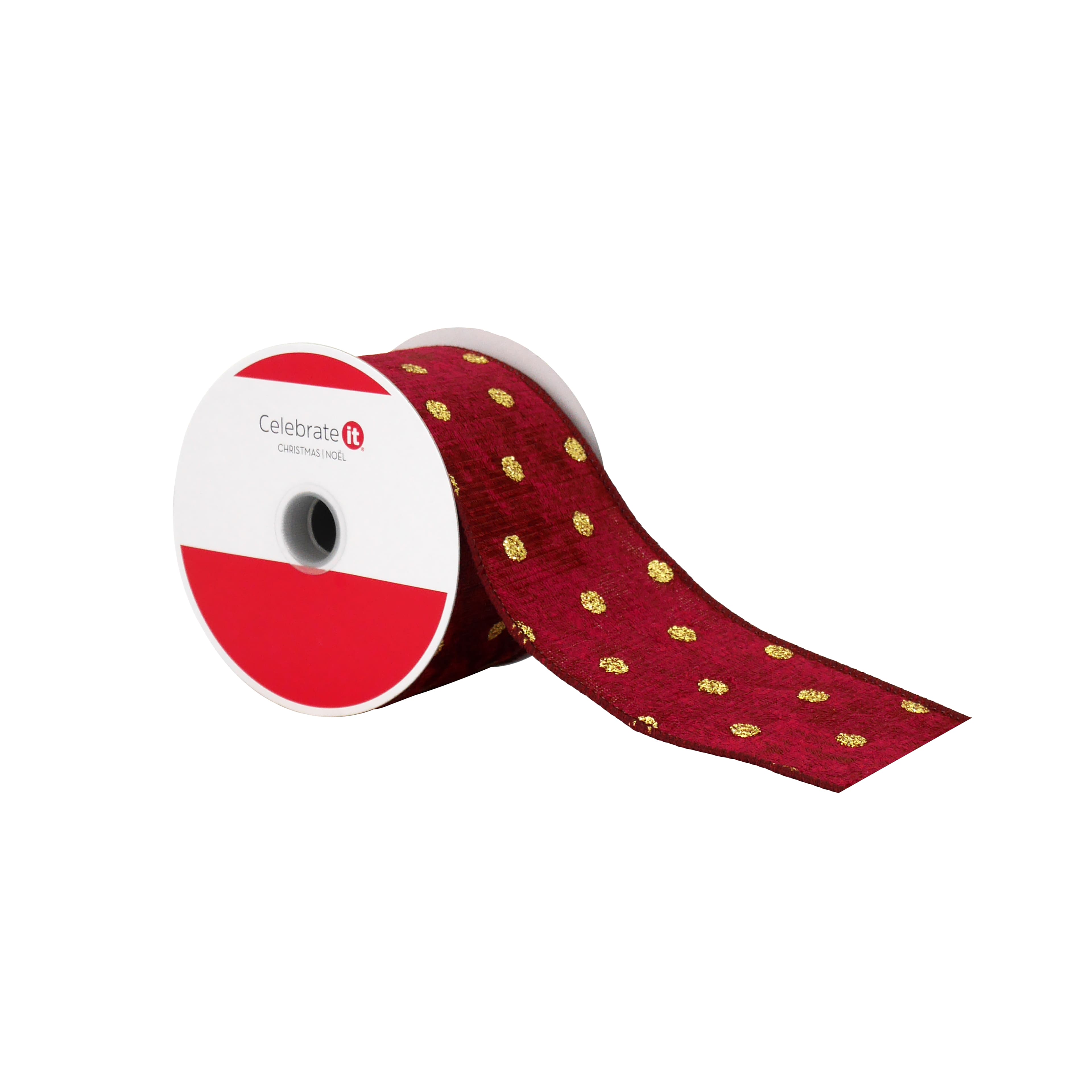 2.5&#x22; x 20ft. Burgundy &#x26; Gold Dots Wired Ribbon by Celebrate It&#xAE;
