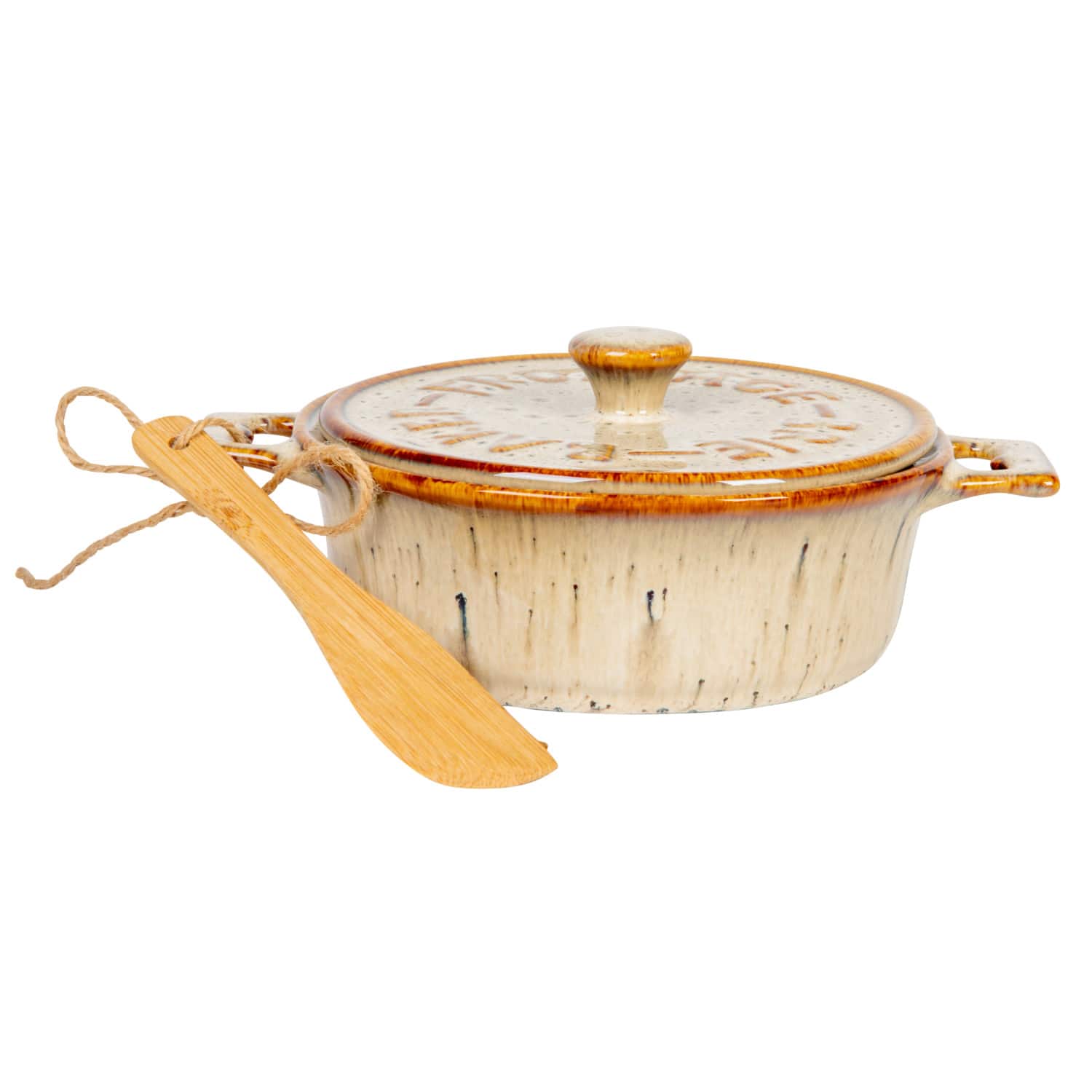 Hello Honey&#xAE; 9.1&#x22; Reactive Glaze Design Stoneware Brie Baker with Bamboo Canap&#xE9; Spreader Knife