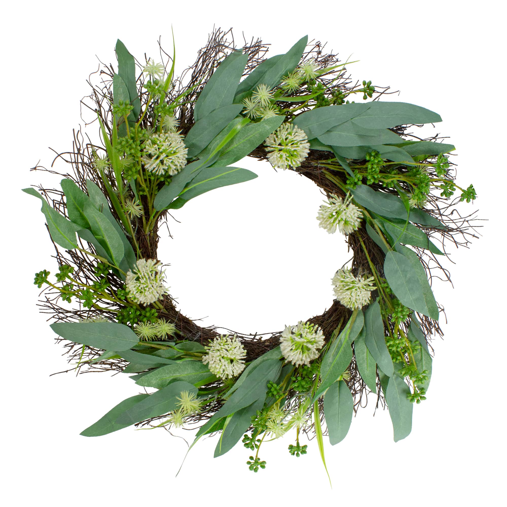 23&#x22; Green &#x26; White Olive Leaf &#x26; Floral Twig Spring Wreath