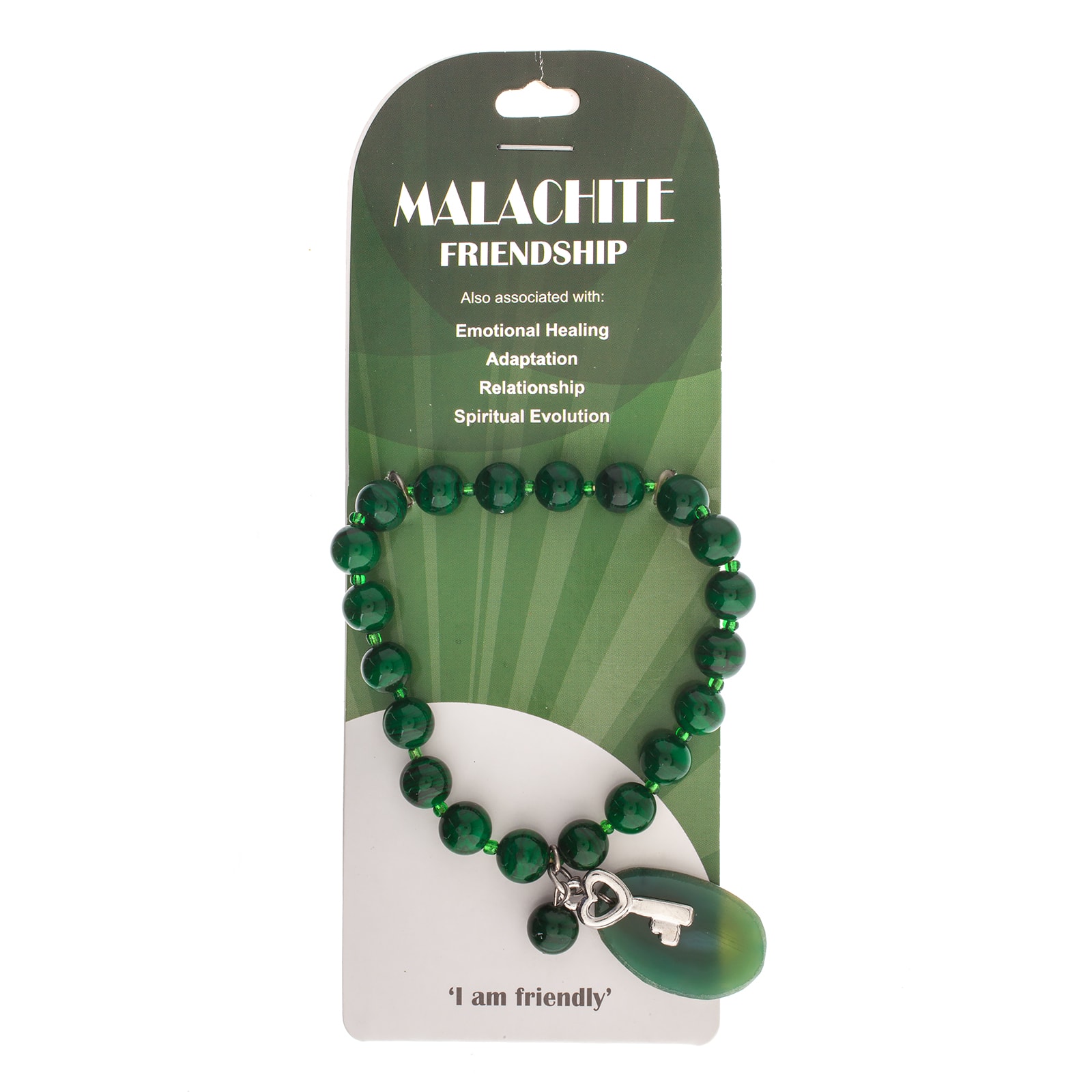 John Bead Malachite Natural Stone Stretch Bracelet with Agate &#x26; Key Charm