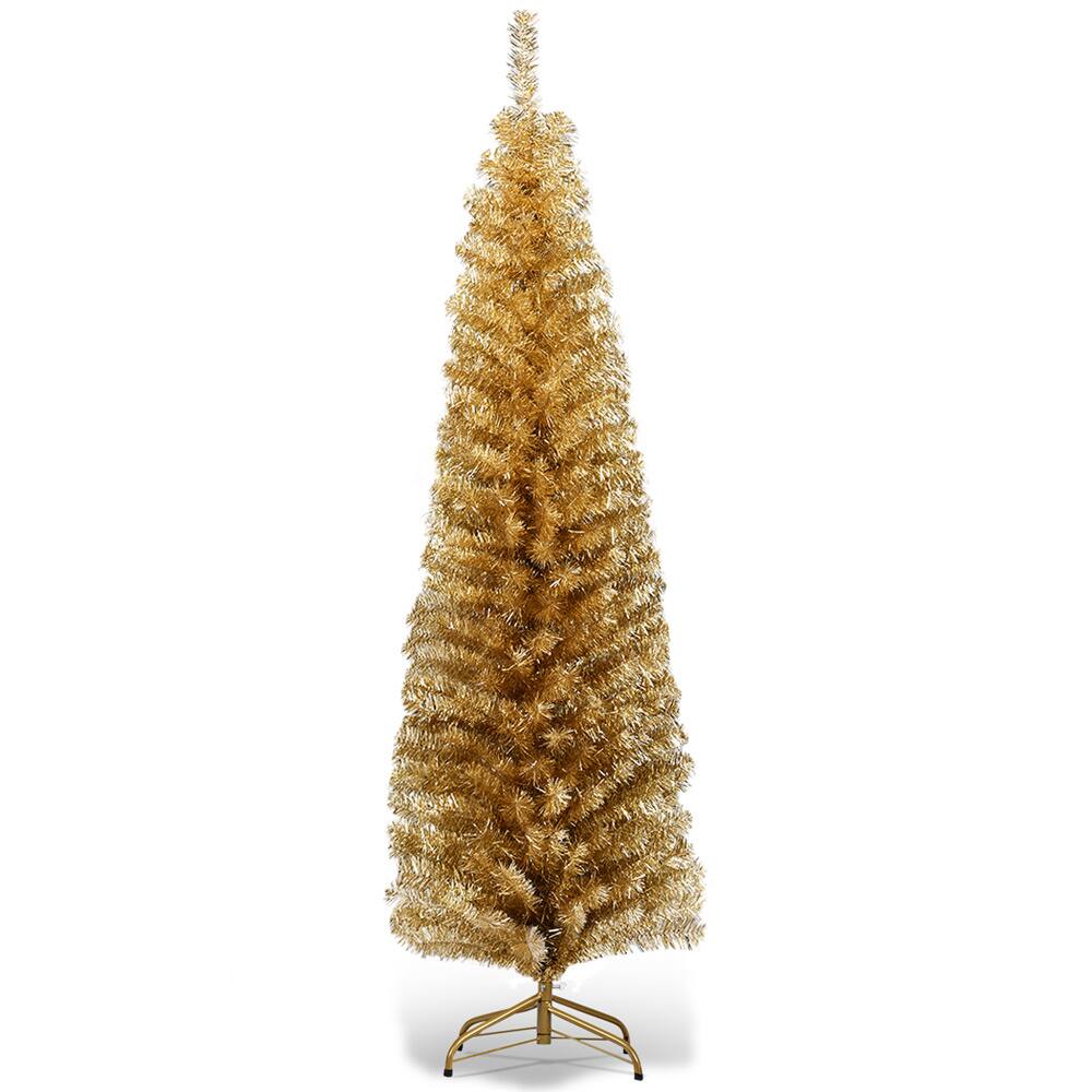 Costway 6ft. Unlit Champagne Gold Tinsel Slim Christmas Tree