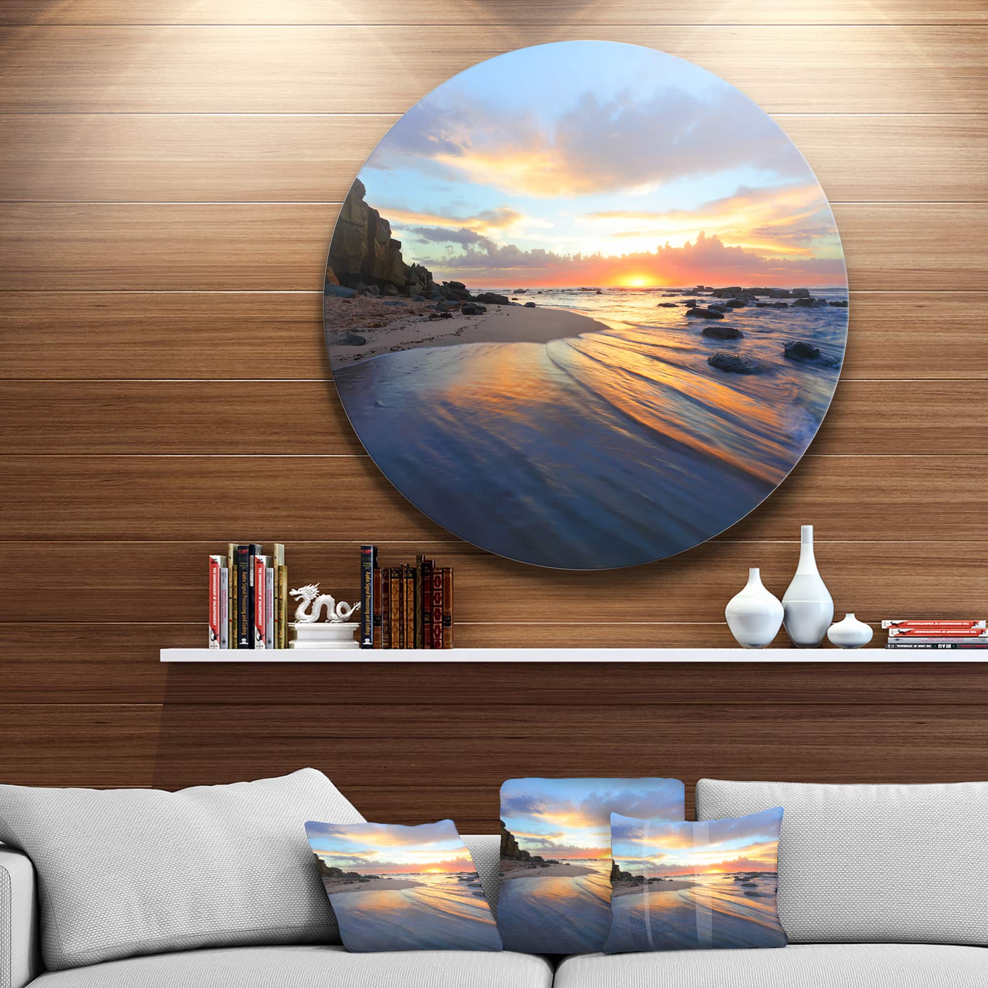 Designart - Exotic Seashore Sunrise Australia' Seascape Metal Circle Wall Art