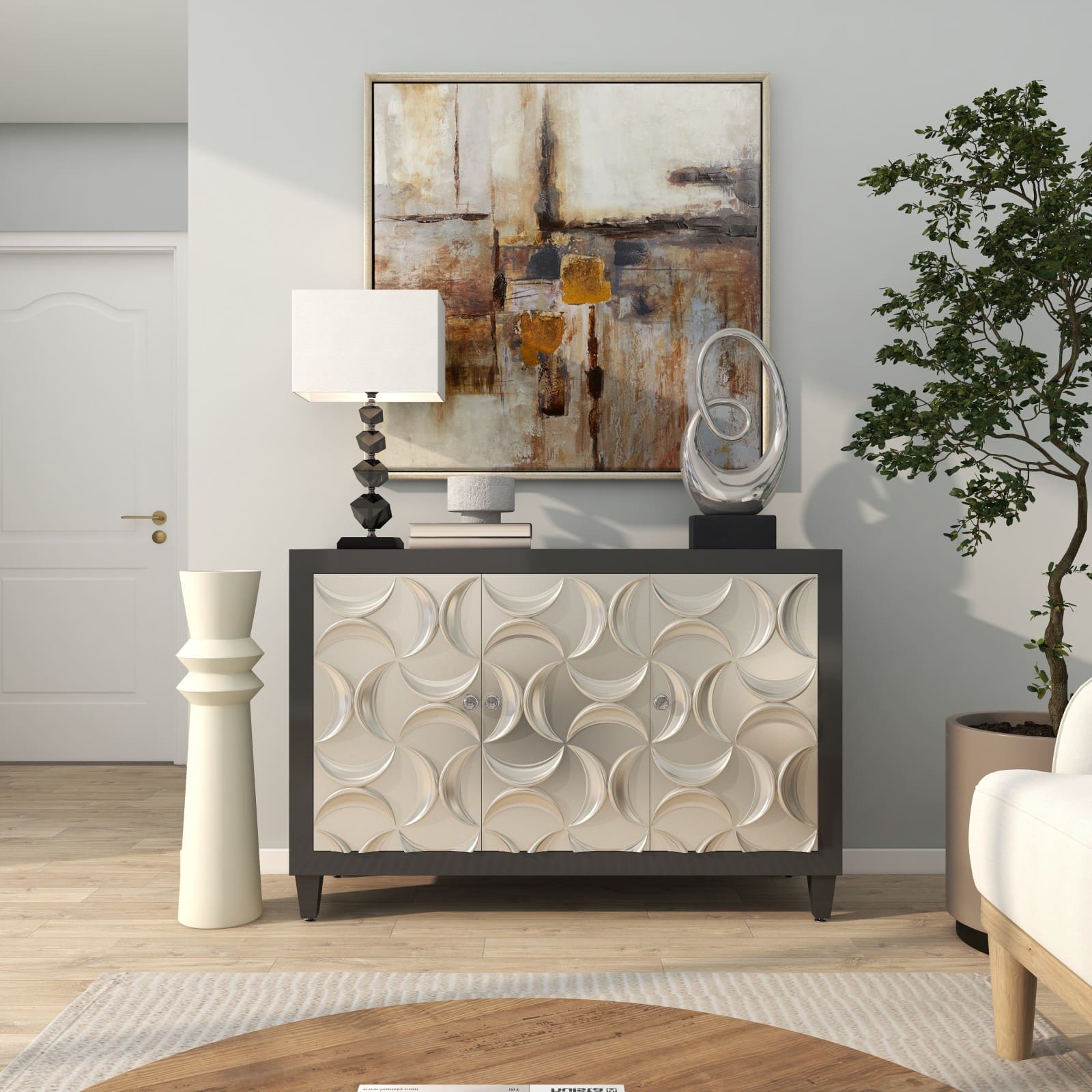 2.5ft. Cream Metal Tall Art Deco Fluted Floor Vase