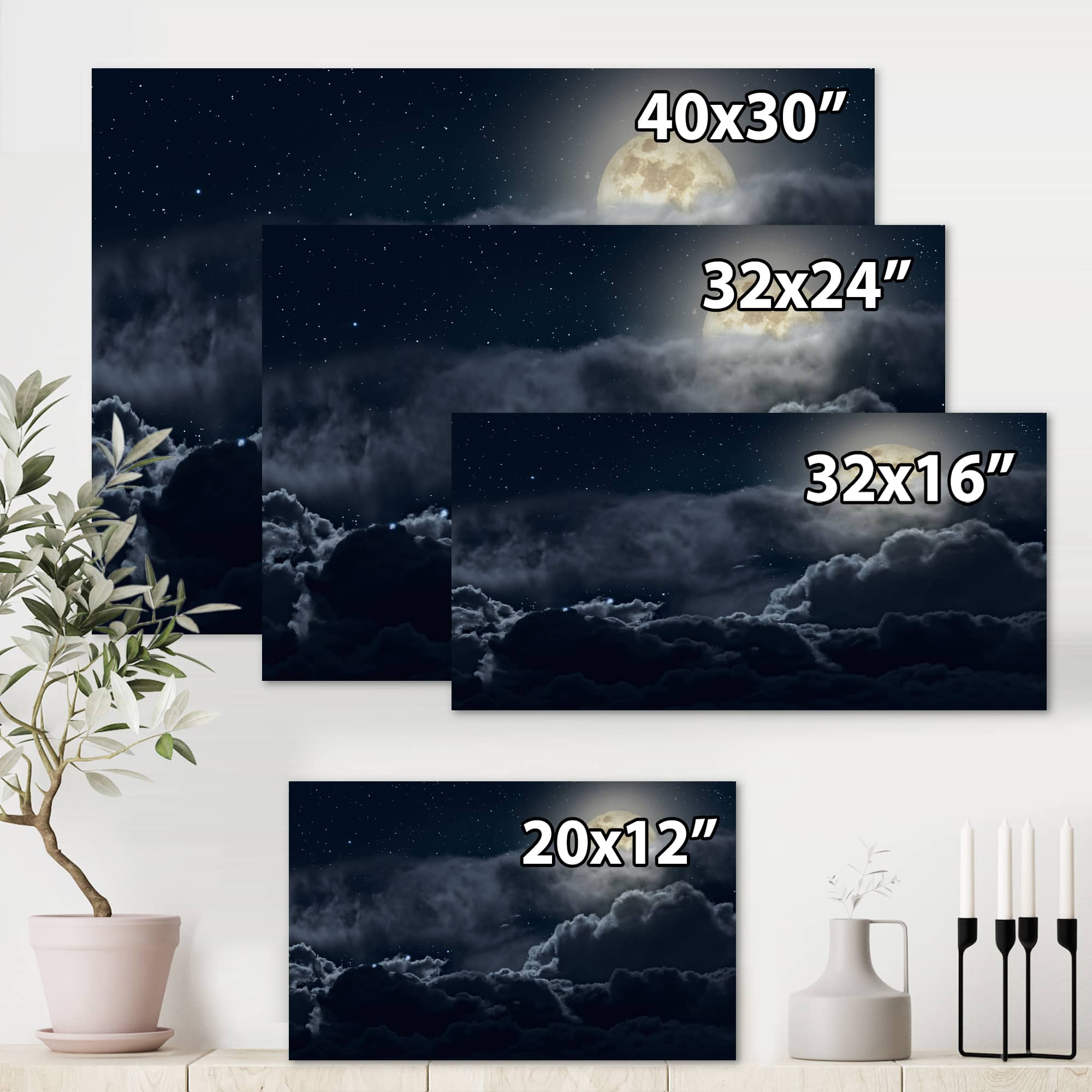 Designart - Cloudy Full Moon Night - Nautical &#x26; Coastal Canvas Wall Art Print