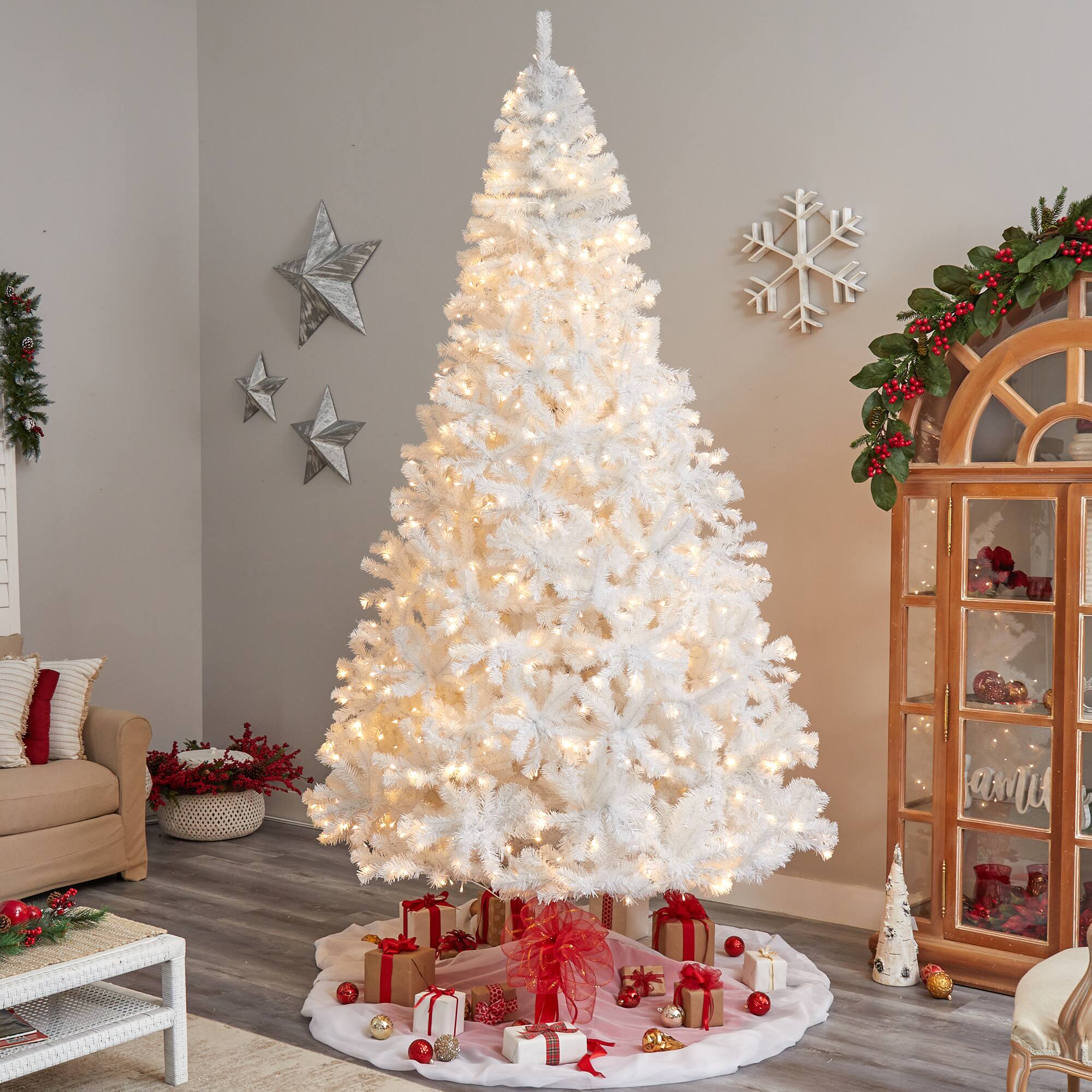 10ft. Pre-Lit White Artificial Christmas Tree, Clear LED Lights