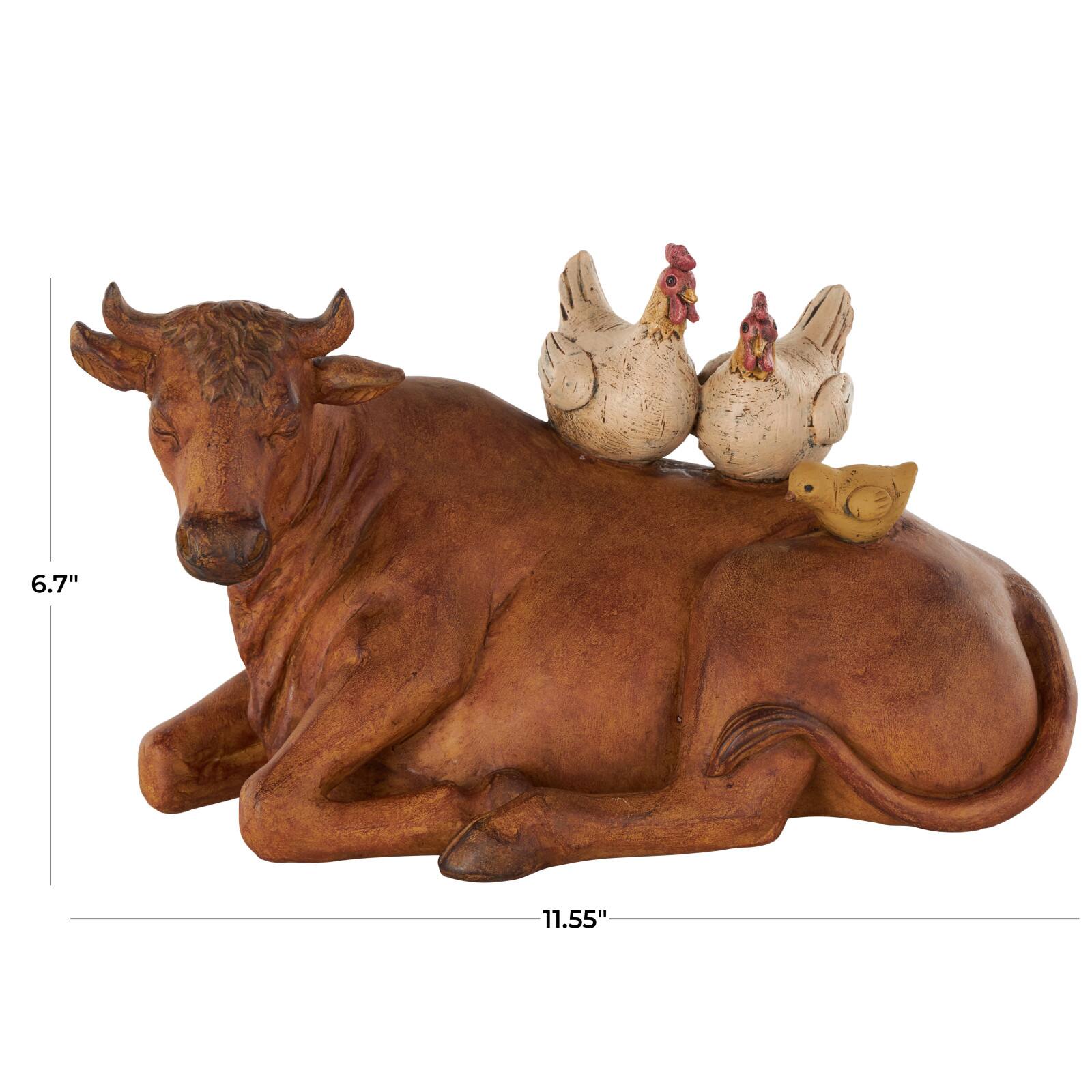 11.5" Copper Cow Decorative Sculpture with Sitting Roosters & Chicks