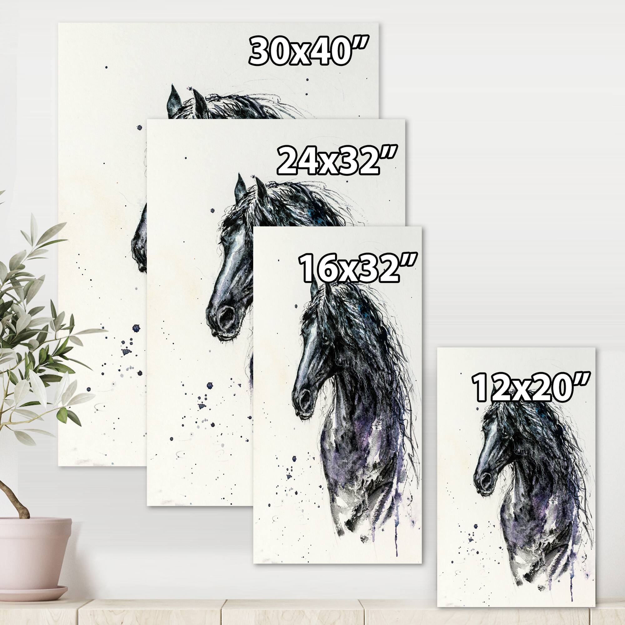 Designart - Portrait of Friesian Horse With Long Manes - Farmhouse Canvas Wall Art Print
