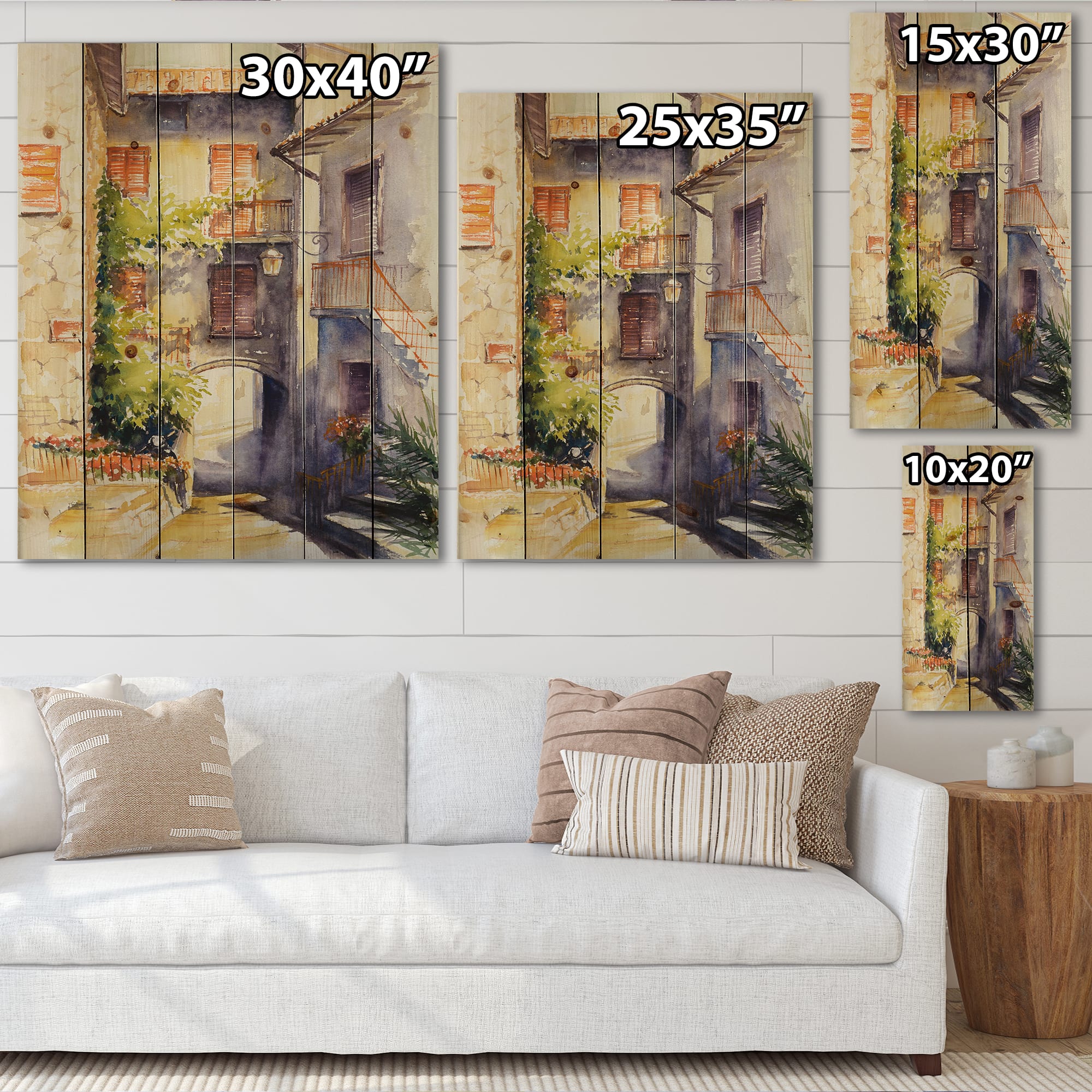 Designart - Rustic and Idyllic Italian VIllage - Country Print on Natural Pine Wood