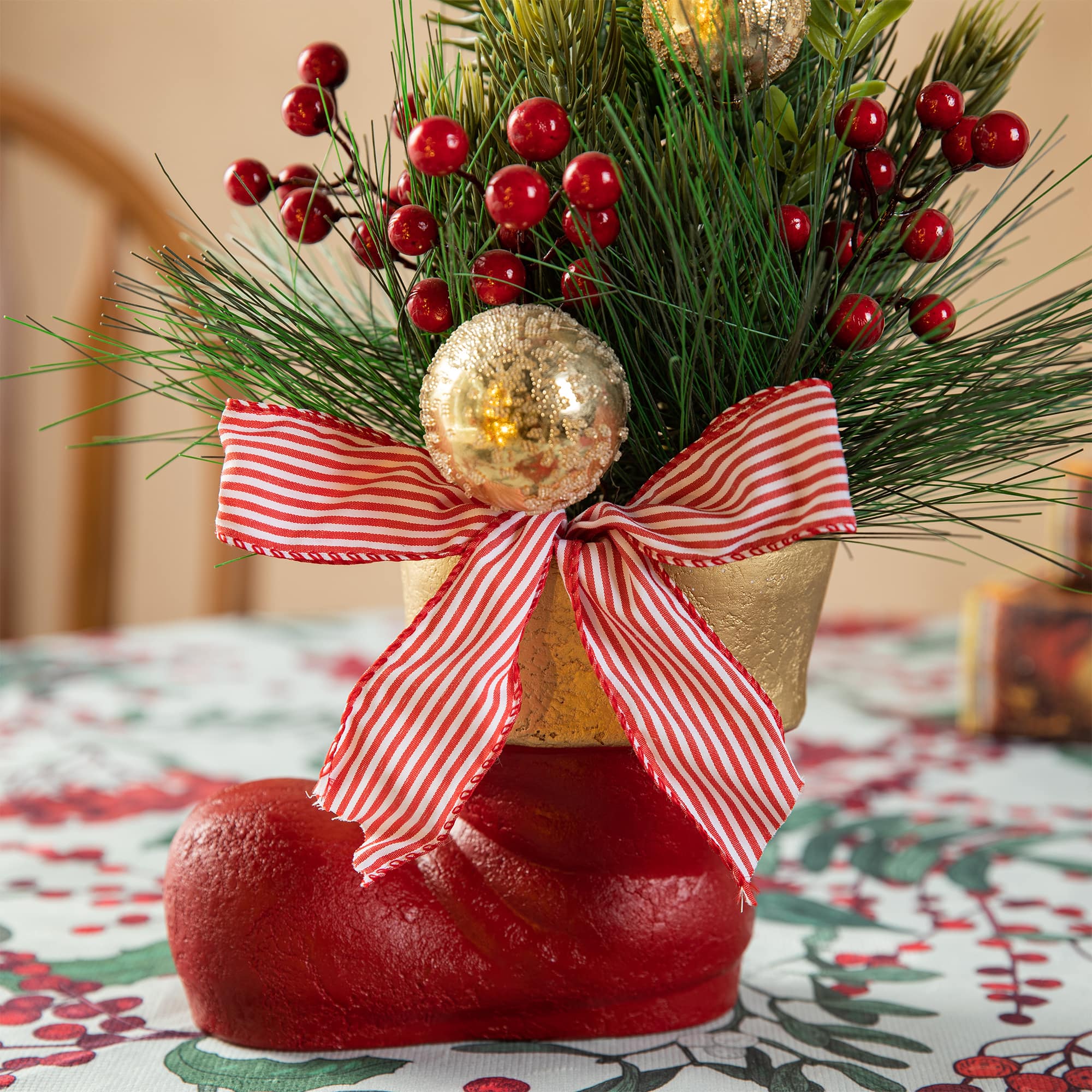Glitzhome&#xAE; 14&#x22; Christmas Red Boot with Pine Needle &#x26; Berry Centerpiece