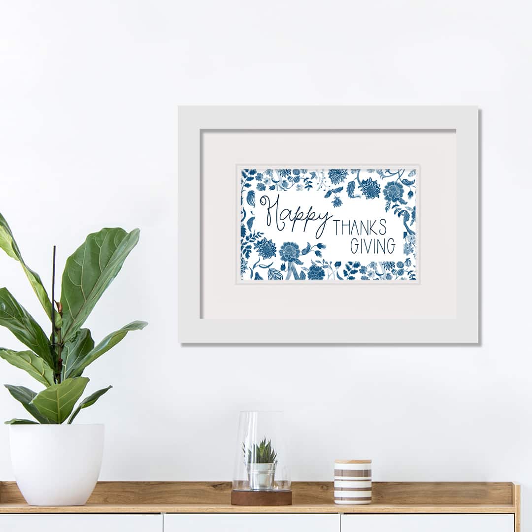 Blue & White Happy Thanksgiving Fall Print in White Frame