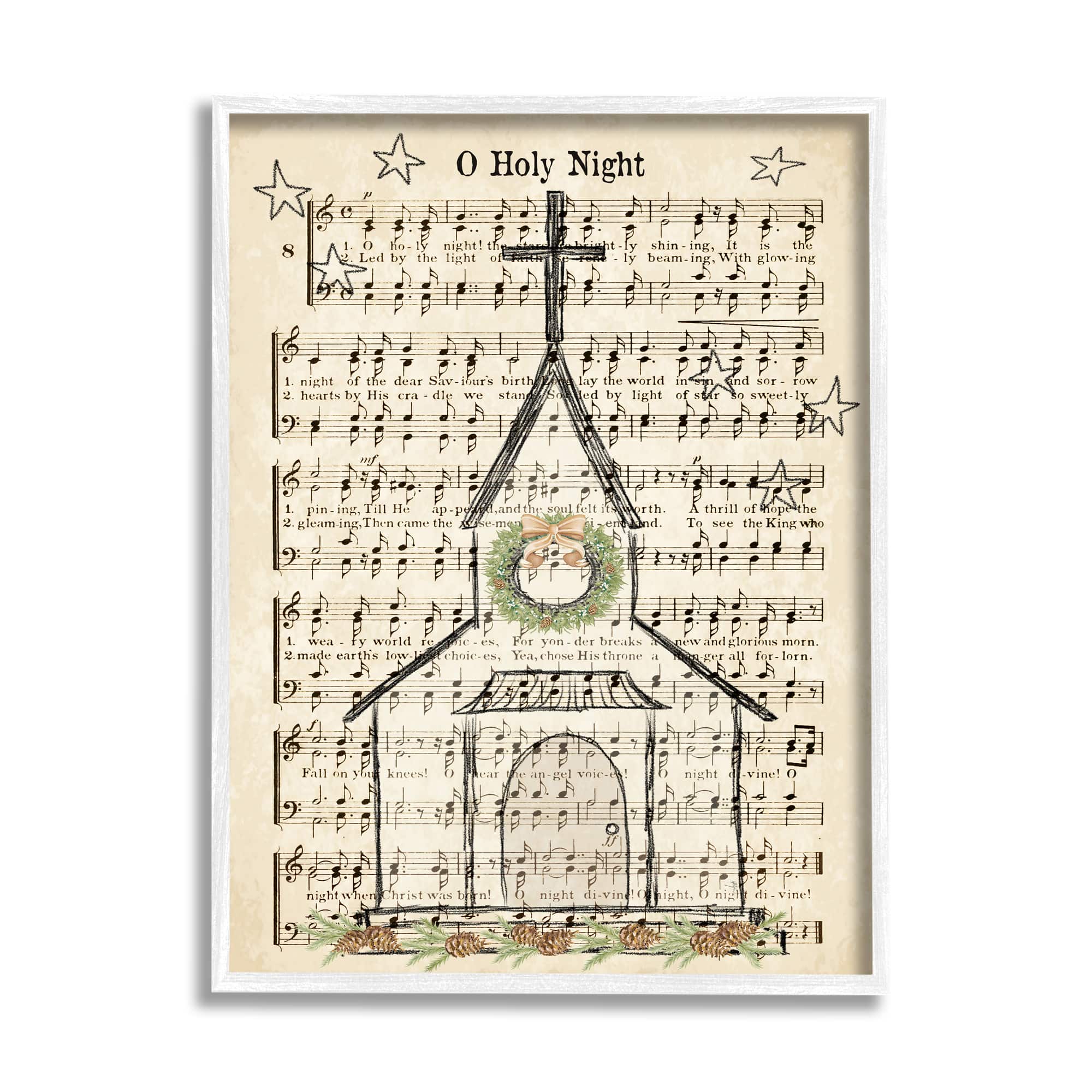 Stupell Industries Festive Winter Church Holy Night Musical Script Framed Wall Art