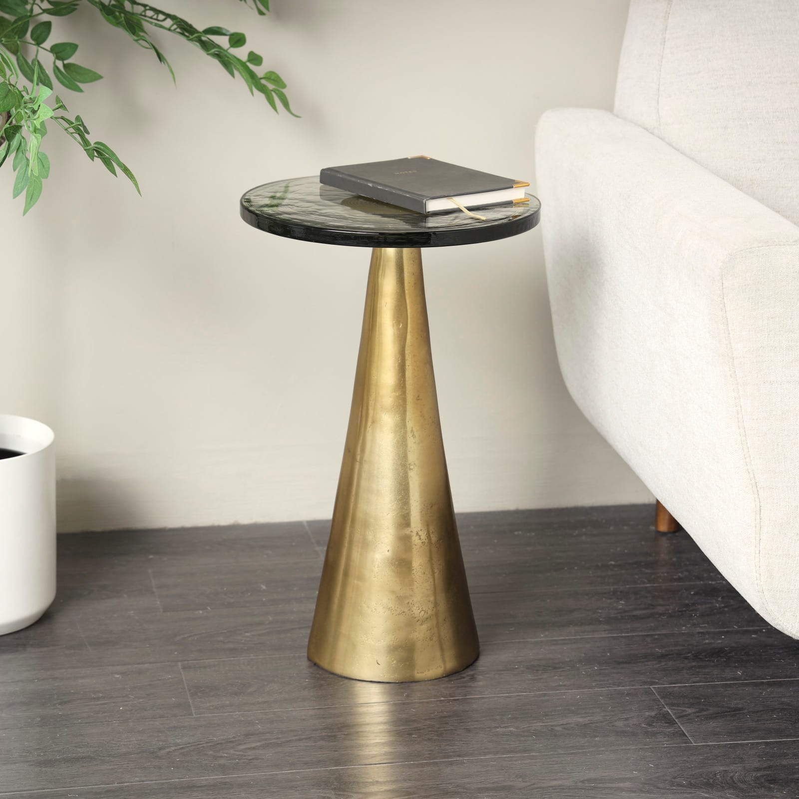 22&#x22; Gold Aluminum Geometric Cone Accent Table with Glass Tabletop