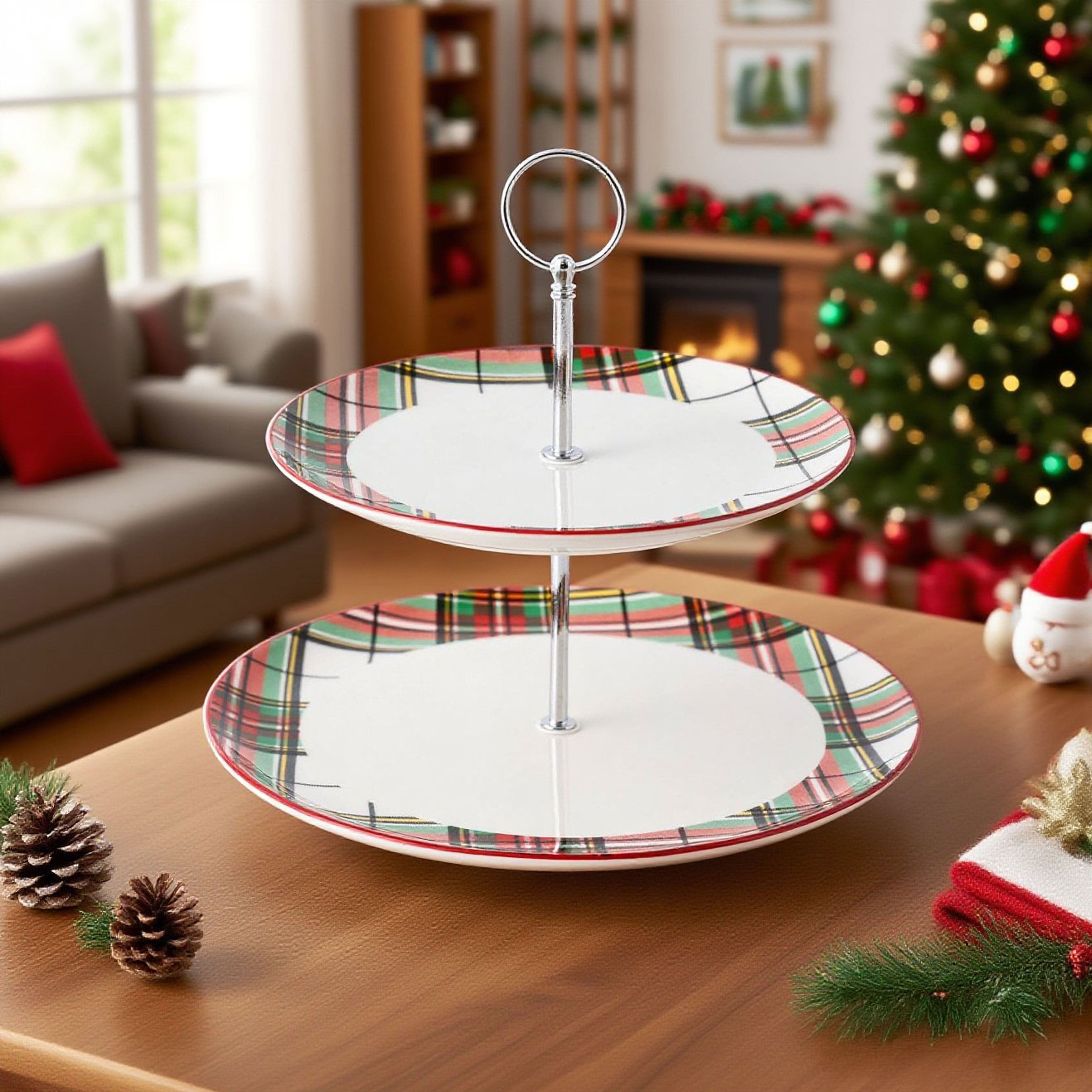 9.25&#x22; Christmas Plaid 2-Tier Ceramic Tray by Ashland&#xAE;