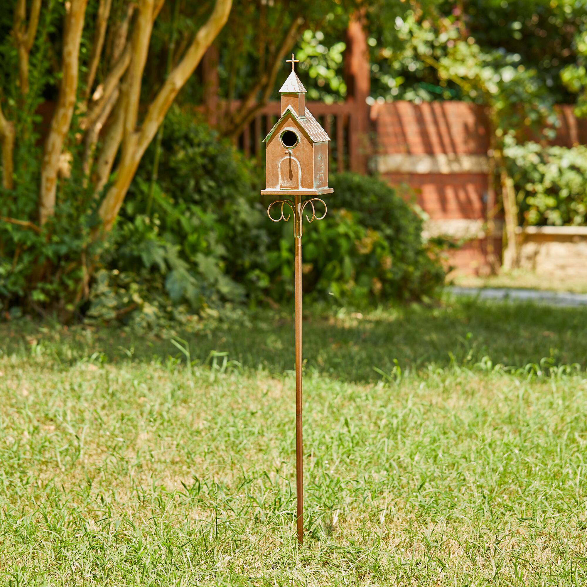 Glitzhome&#xAE; 4ft. Faux Copper Distressed Metal Church Birdhouse with Stake