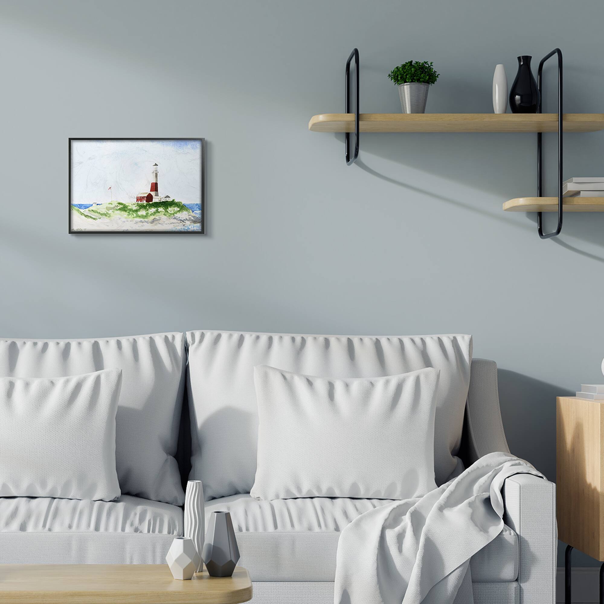 Stupell Industries Red Striped Lighthouse on Coastal Cliff in Frame Wall Art