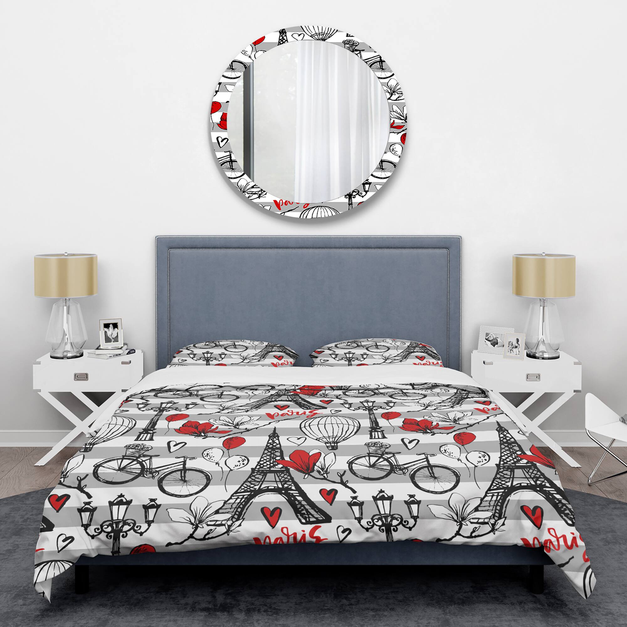Designart 'Paris Eiffel Red Hearts II' Mid-Century Duvet Cover Set