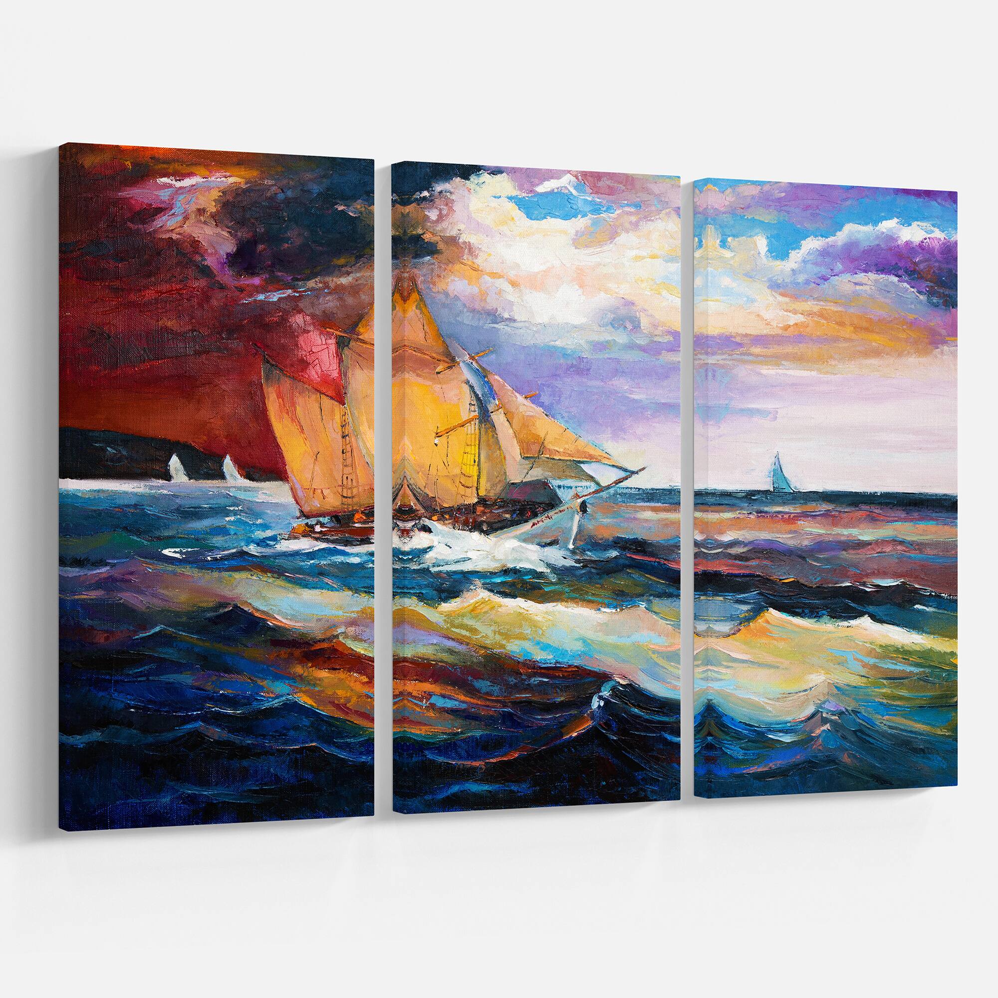 Designart - Sailship in Sea waves - Nautical Painting Print on Wrapped Canvas set