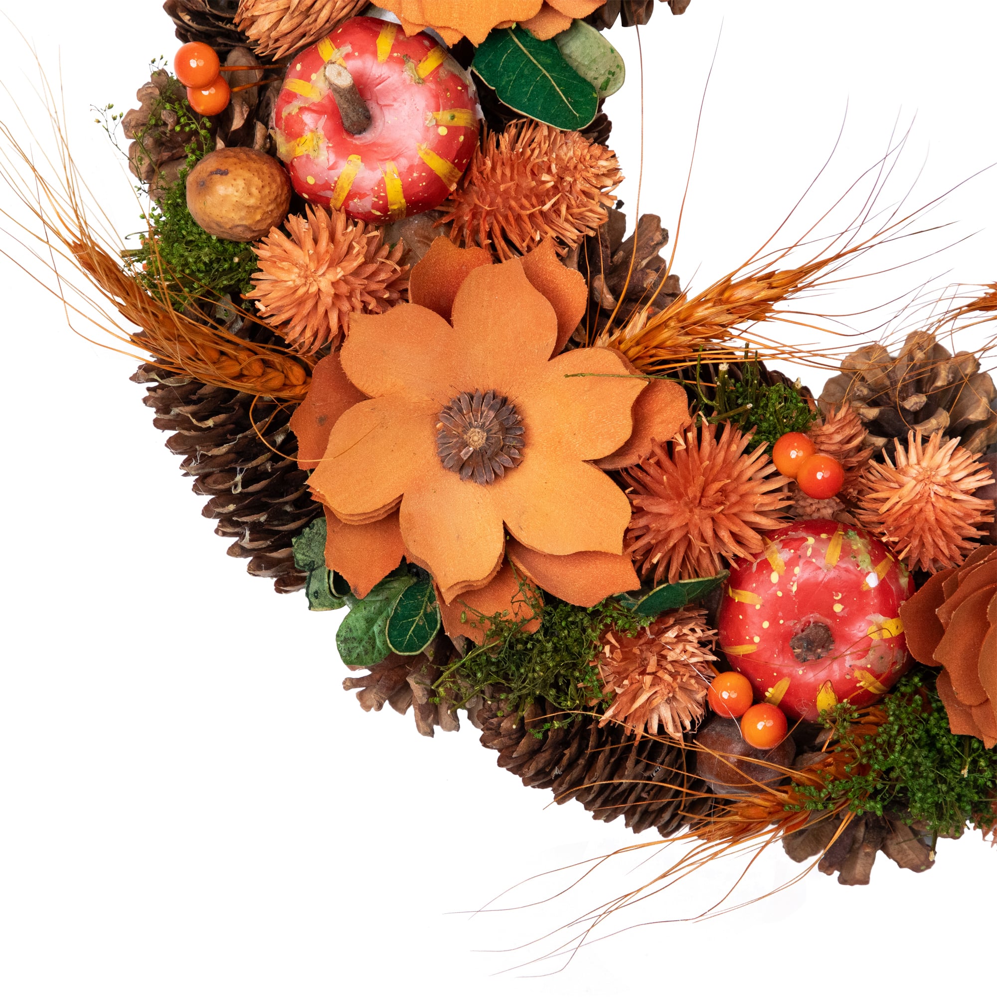 13.25'' Unlit Autumn Harvest Orange Flowers and Gourds Pine Cone Wreath