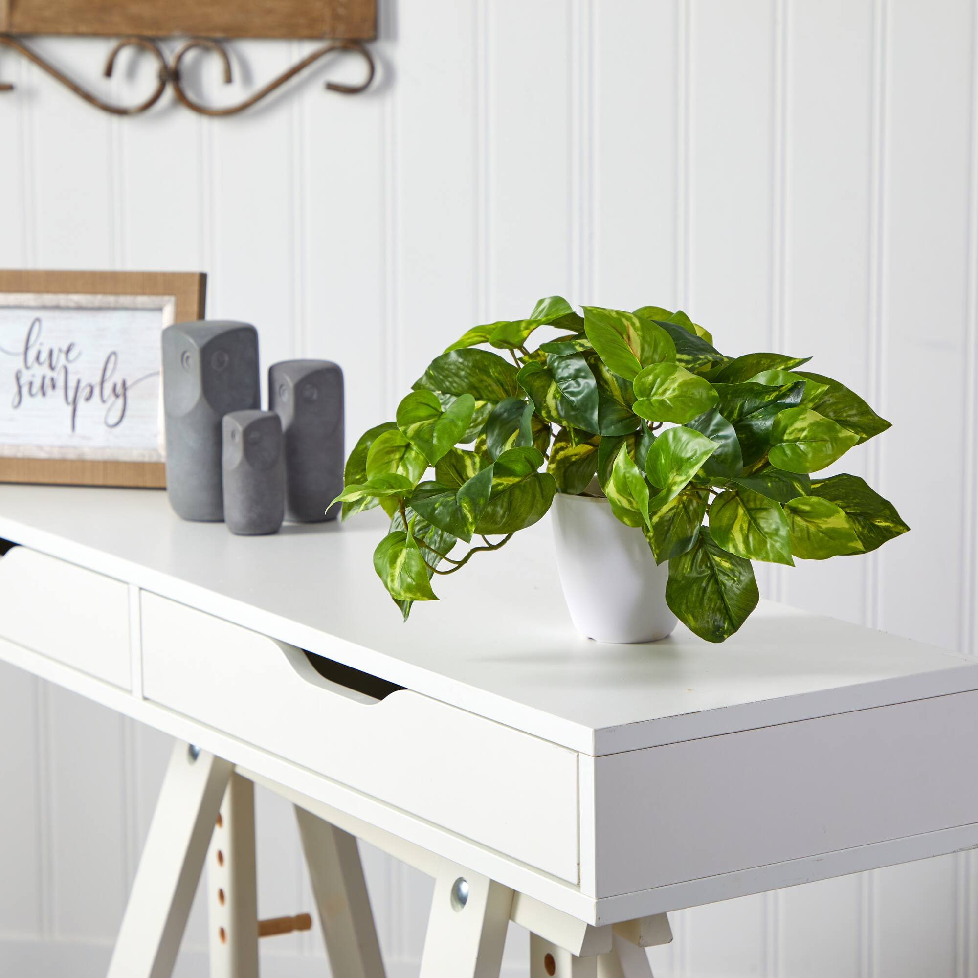 9" Variegated Pothos Plant in Decorative White Planter