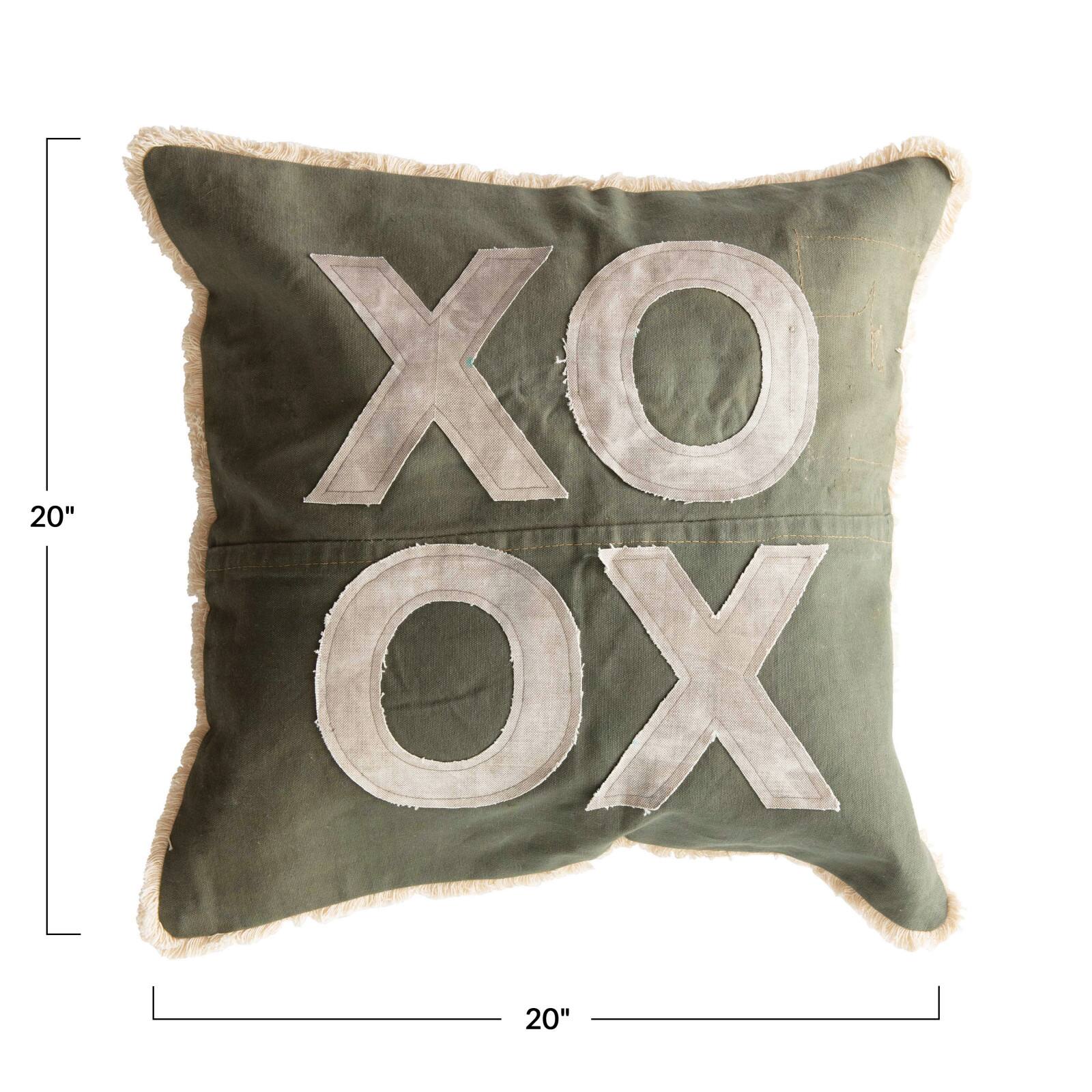 Hello Honey&#xAE; Green &#x26; Natural Applique XO Throw Pillow with Fringe