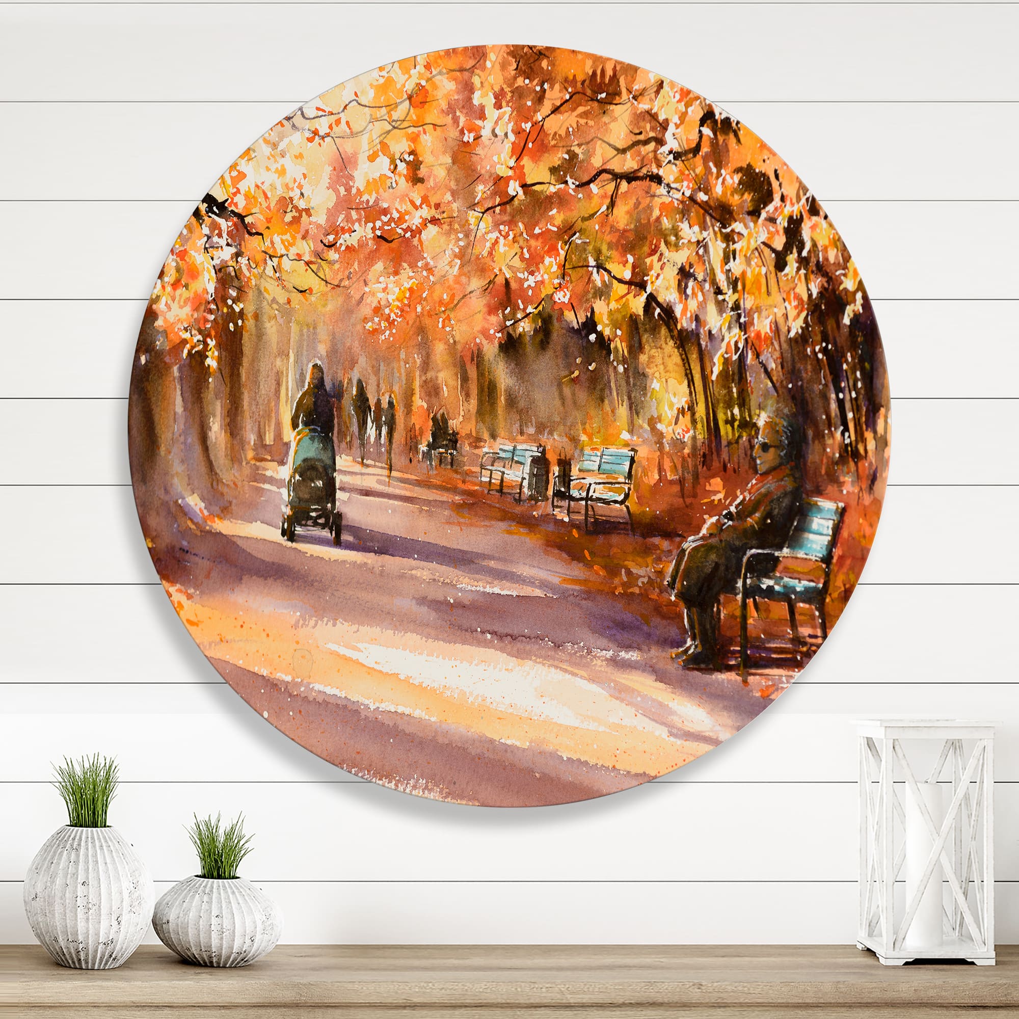 Designart - Road In The Park In Sunny Autumn Day - Country Metal Circle Wall Art