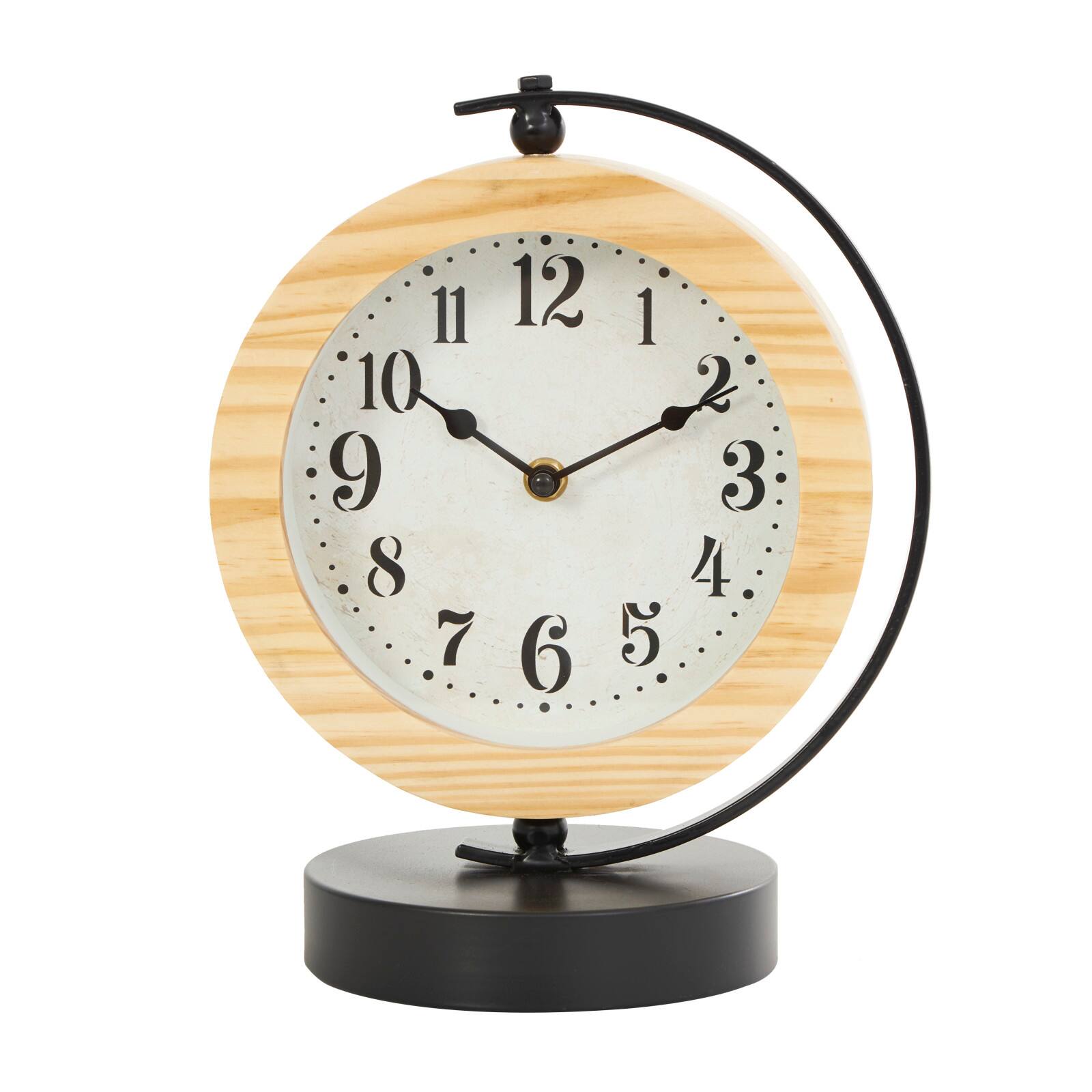 11" Light Brown Wood Clock with Curved Black Metal Stand & Base
