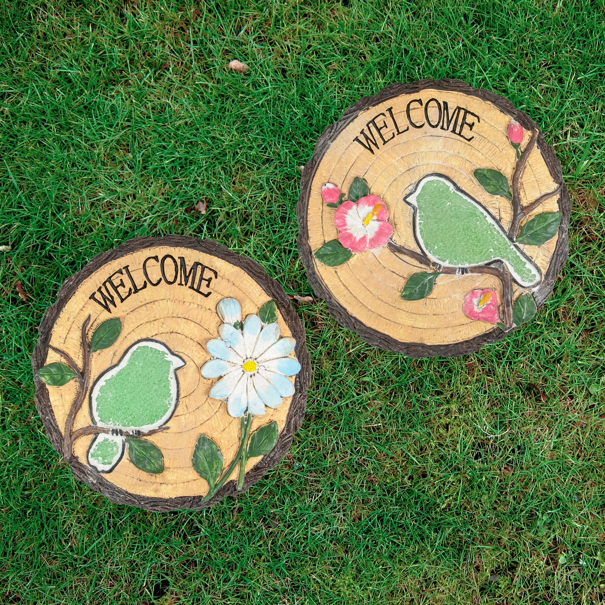 11&#x22; Welcome Birds Outdoor Floral Garden Stones Set