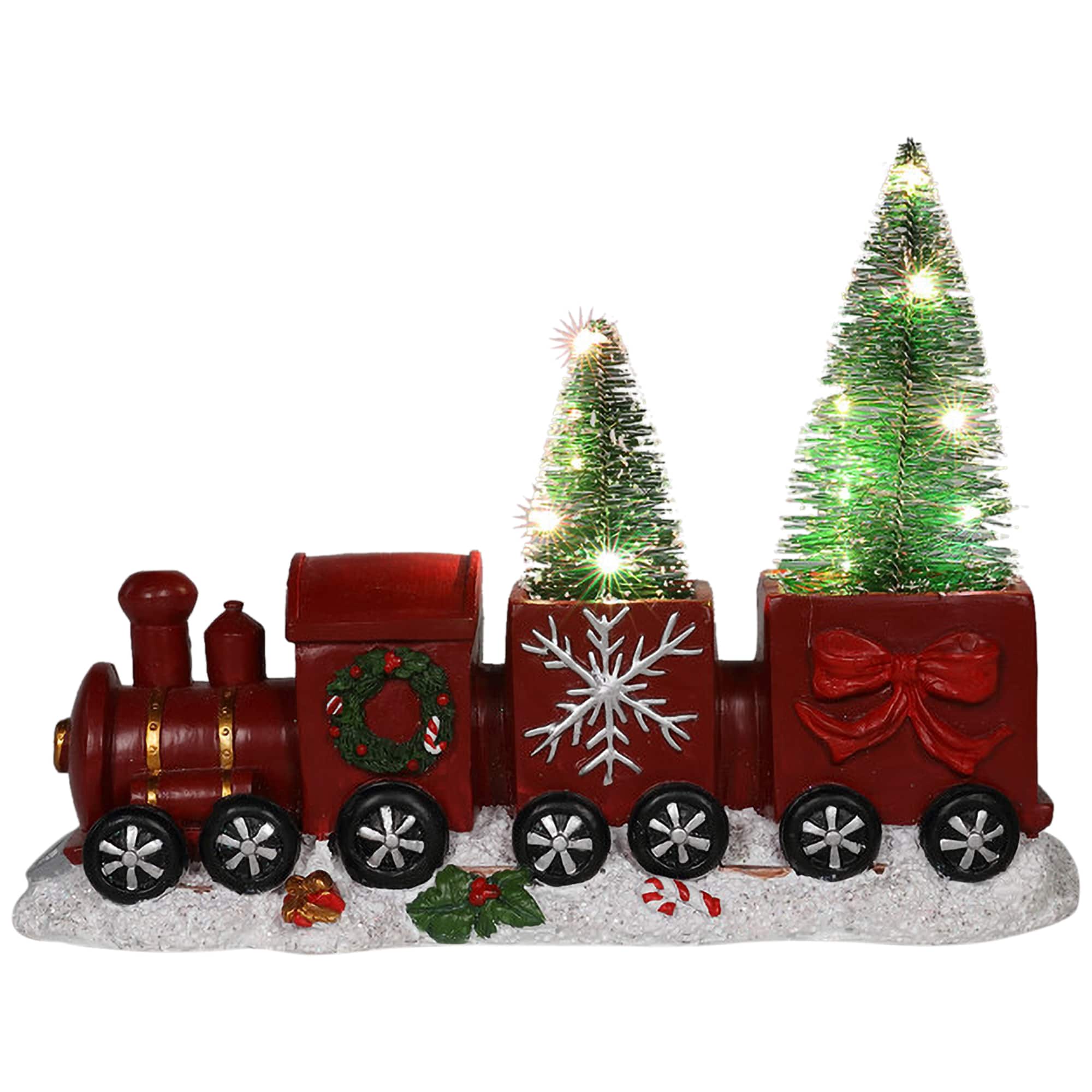 12&#x27;&#x27; Red and Gold Christmas Train with LED Lighted Frosted Trees Tabletop Decoration