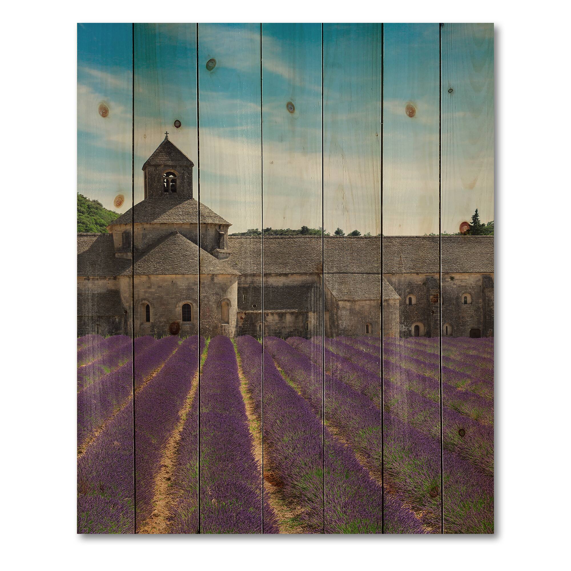 Designart - Lavender Field With Abbey In France - Farmhouse Print on Natural Pine Wood