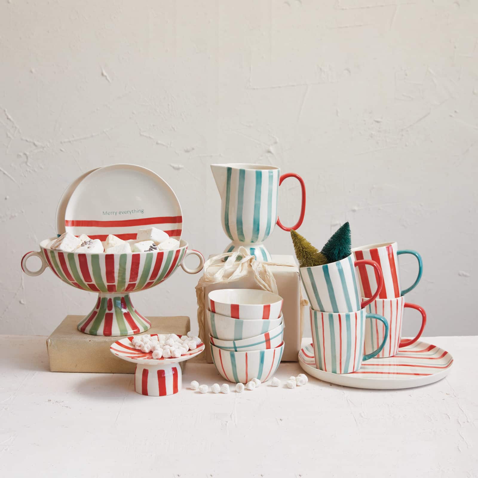 Hello Honey&#xAE; 5&#x22; Red, Aqua &#x26; Cream Pattern Hand-Painted Stoneware Bowl Set