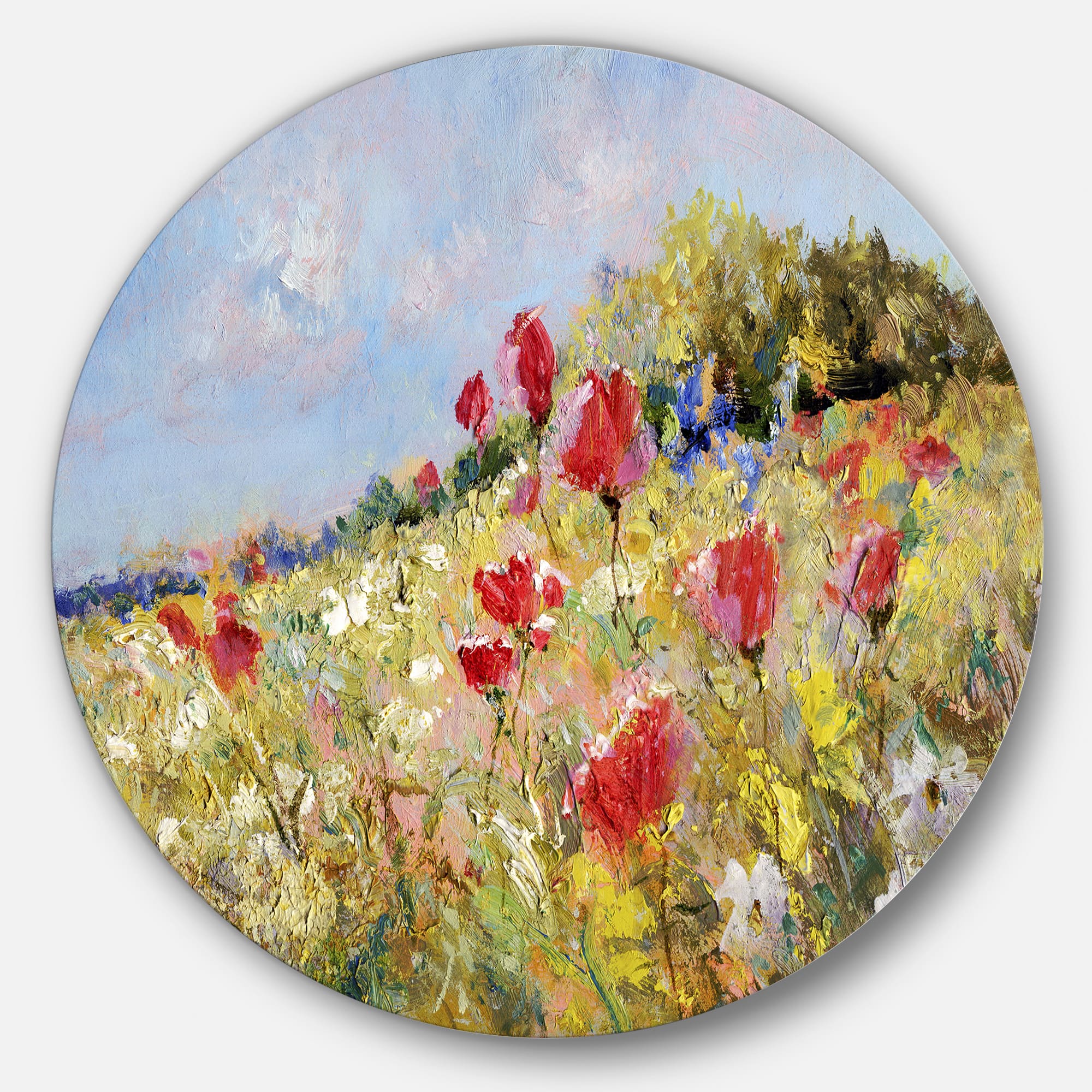 Designart - Painted Poppies on Summer Meadow' Large Landscape Metal Circle Wall Art