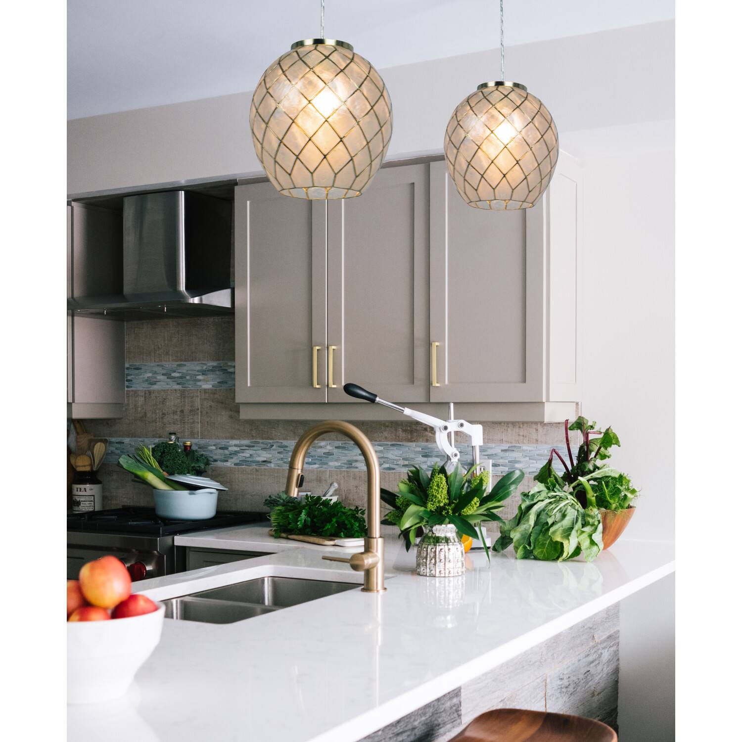 Hello Honey&#xAE; Marina Natural Capiz &#x26; Gold Metal Orb Pendant Ceiling Light