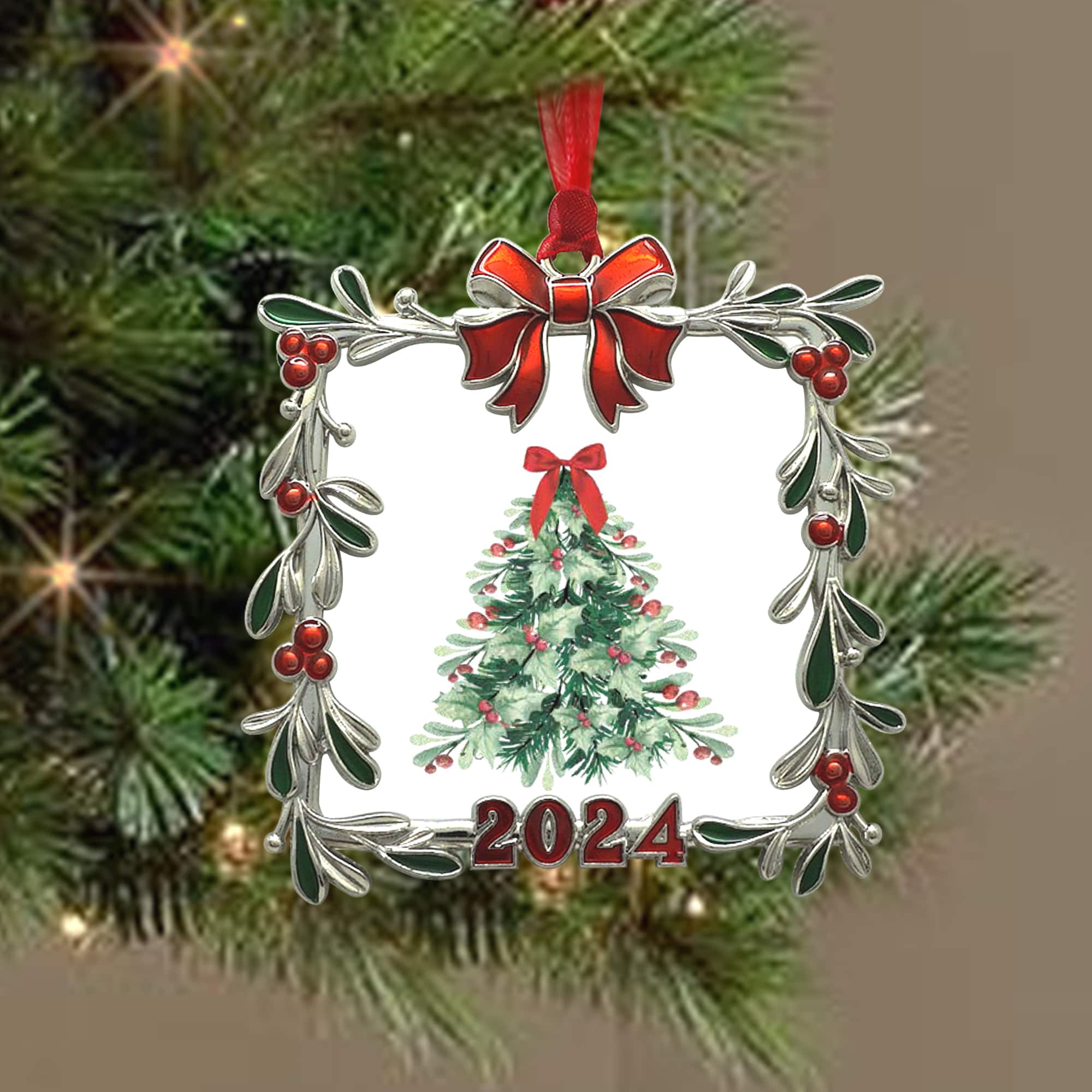 2.5&#x22; x 2.5&#x22; Silver Mistletoe with Bow 2024 Ornament Frame by Studio D&#xE9;cor&#xAE;