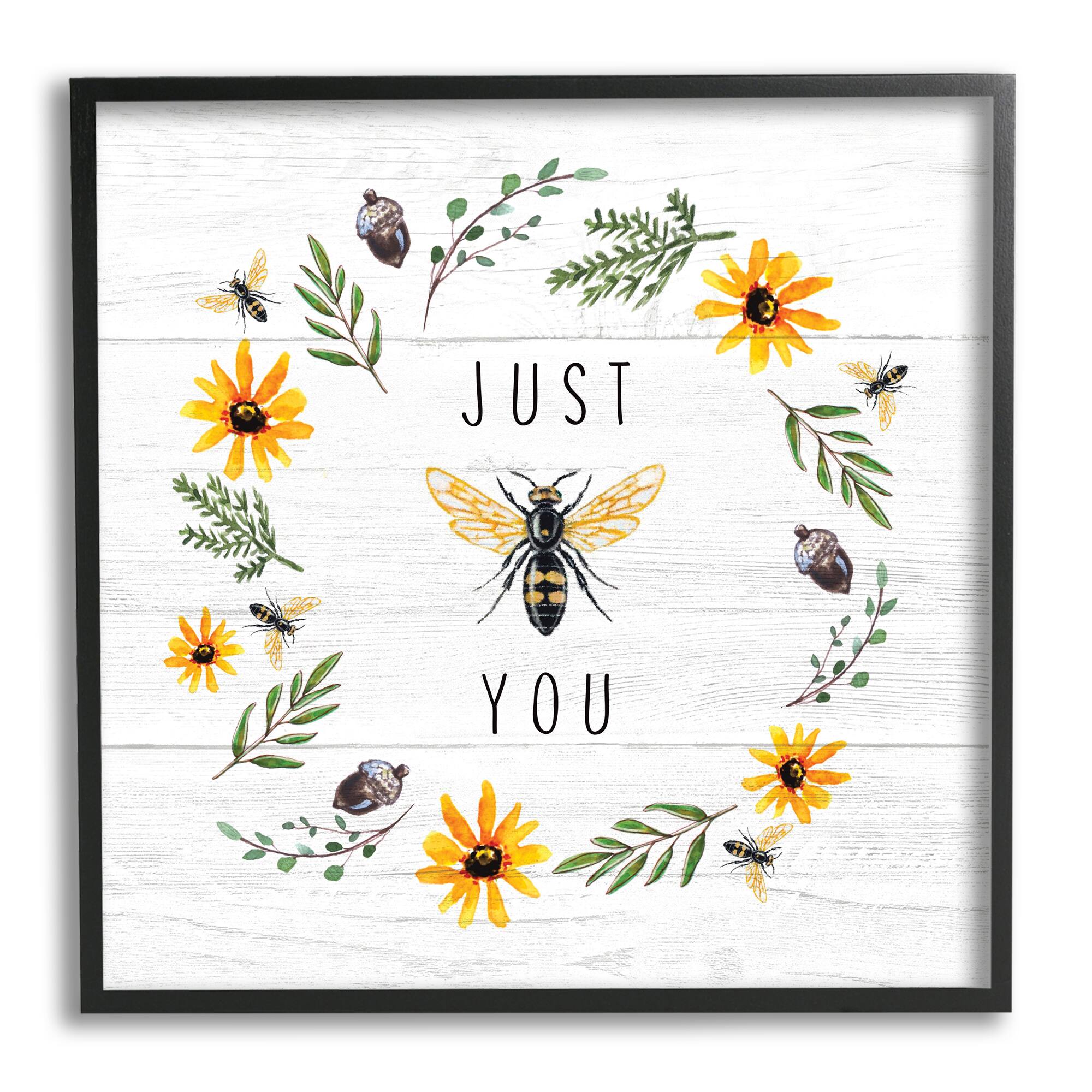 Stupell Industries Just Bee You Pun Phrase Yellow Daisy Wreath in Frame Wall Art